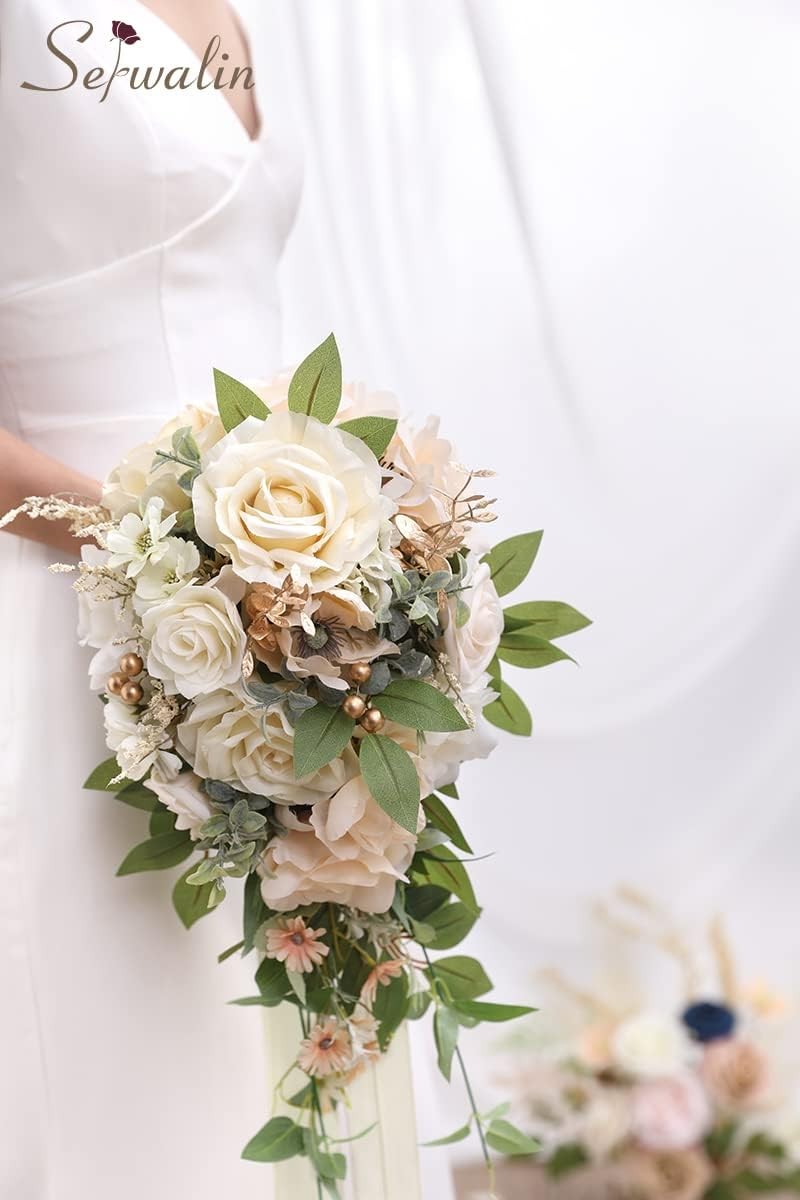 9.8 Inch Wedding Bouquets for Bride Bridesmaid, Champagne Rose Bridal Bouquets