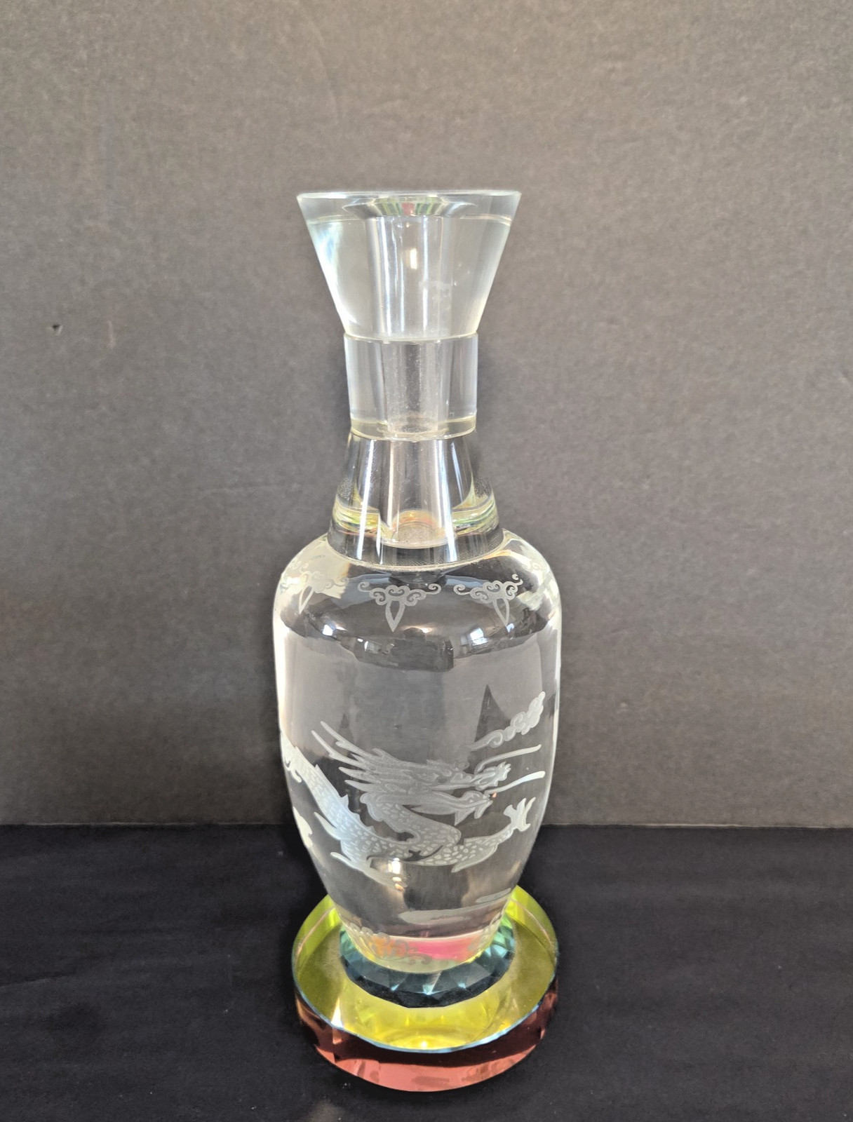 Heavy Embossed Etched Chinese Crystal Dragon Vase Colored Base 9 inches