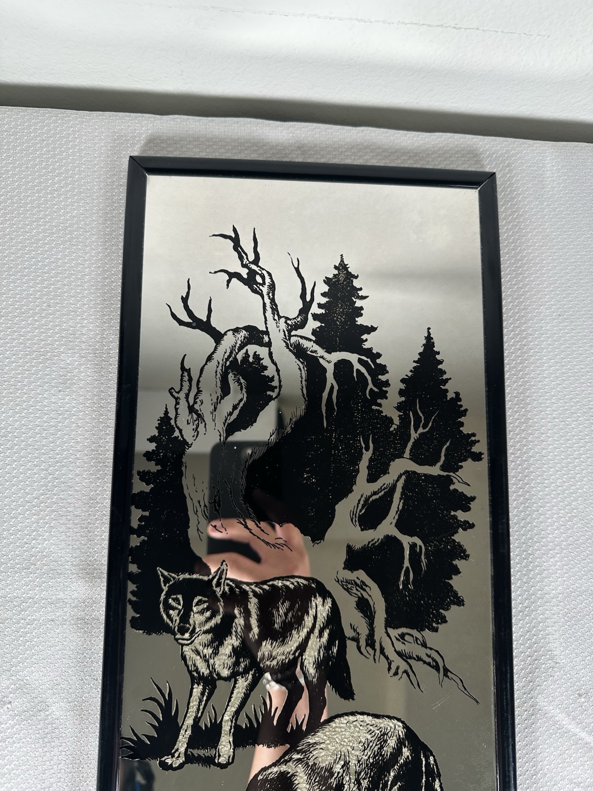 Vintage 1990s Wolf Wolves Animal Nature Mirror Artwork Glass Wall Decor 20×8″