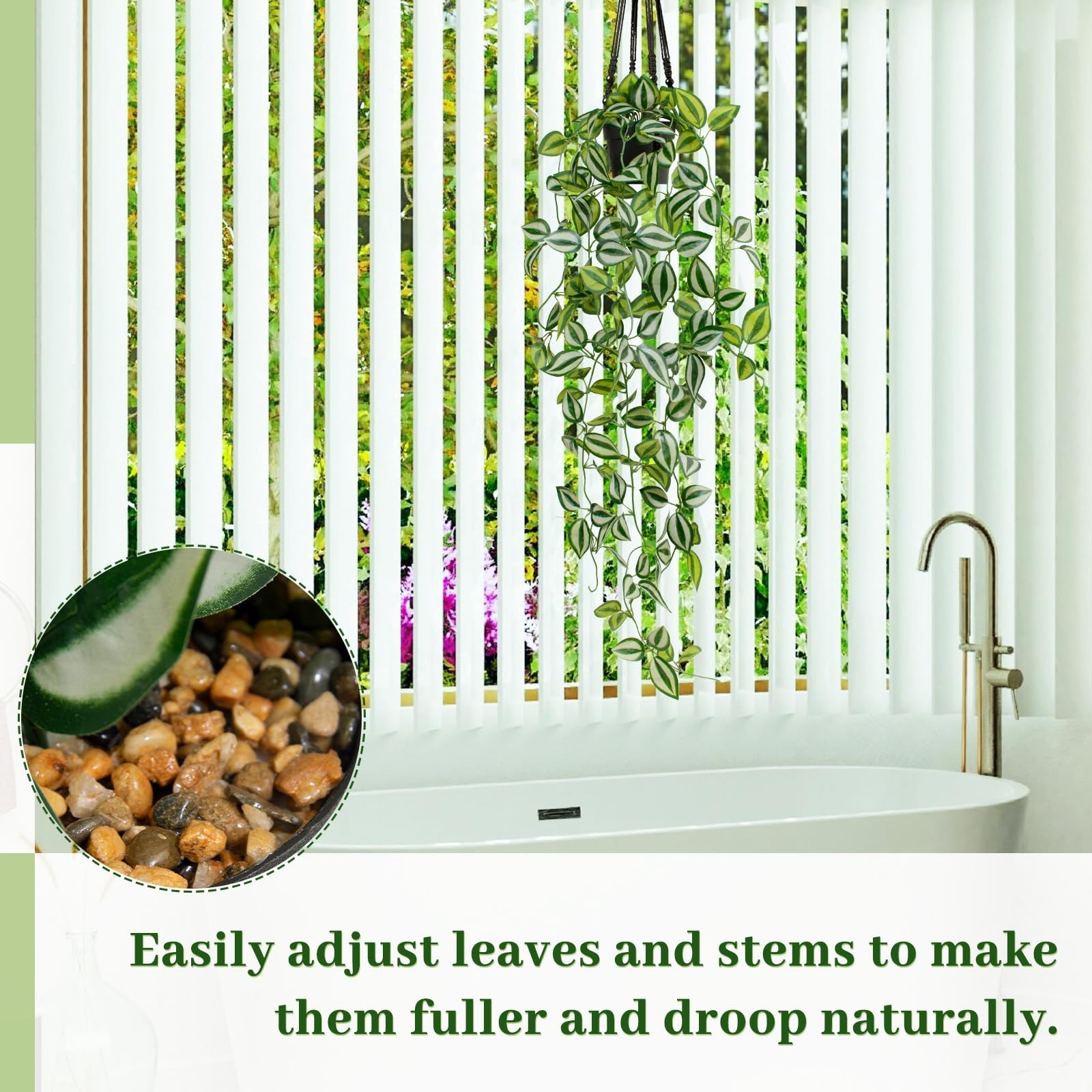 39-in Artificial Hanging Plant, Black Pot, Fake Green Eyebrow Leaf, Trailing