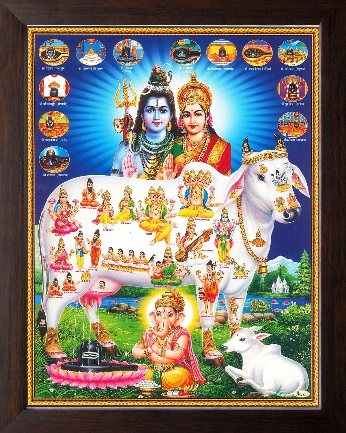 Lord Shiva Parvati with Kamadhenu Cow and Various God Wall Decor Painting Frame