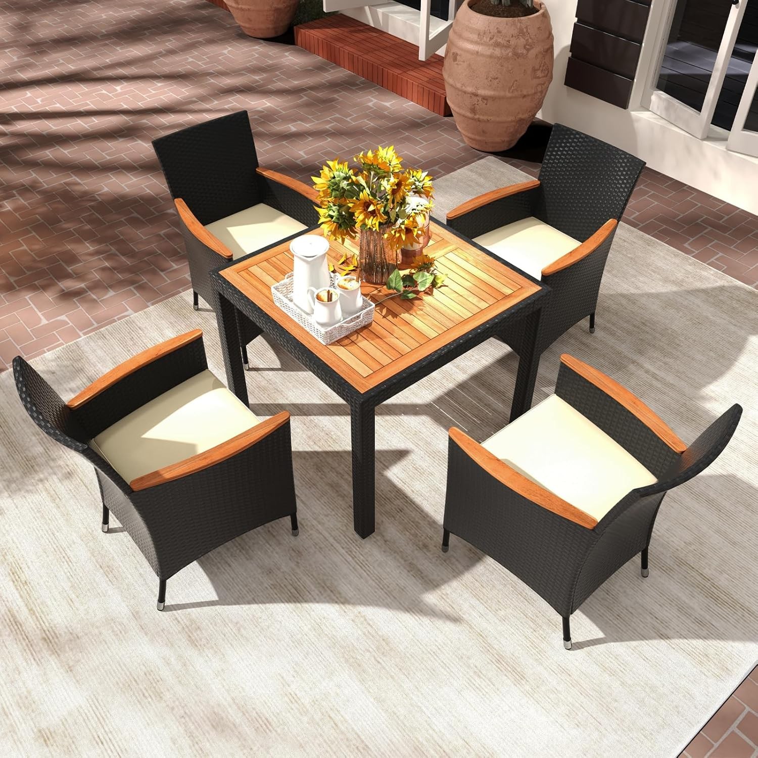 5 Pieces Rattan Outdoor Dining Set for 4, Outdoor Acacia Wood Table Set with 4