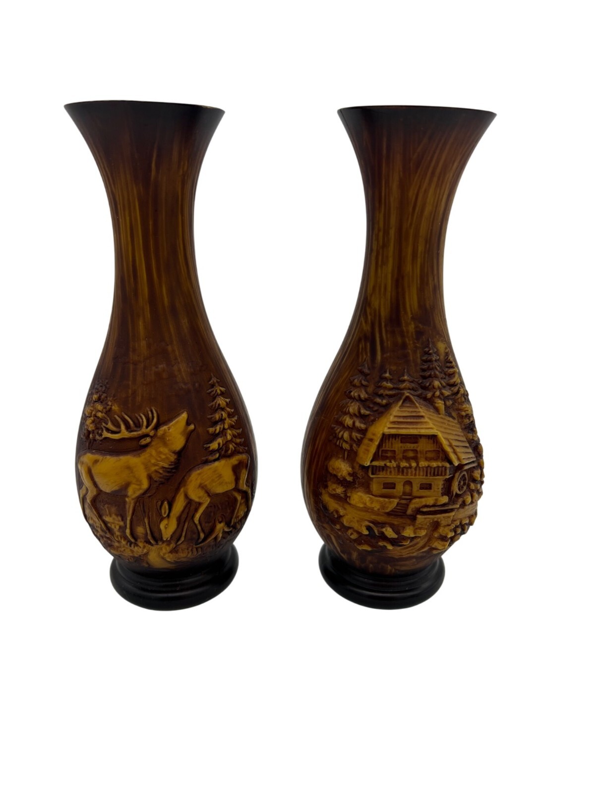 Pair Faux Bois Resin / Plastic Vases Cabin & Deer Scene Lodge Rustic Home Decor