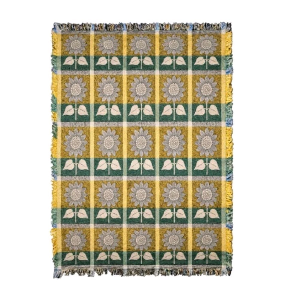 Vintage 1990s Handmade Tapestry Woven Colorful Sunflower Throw Blanket 45″x60”