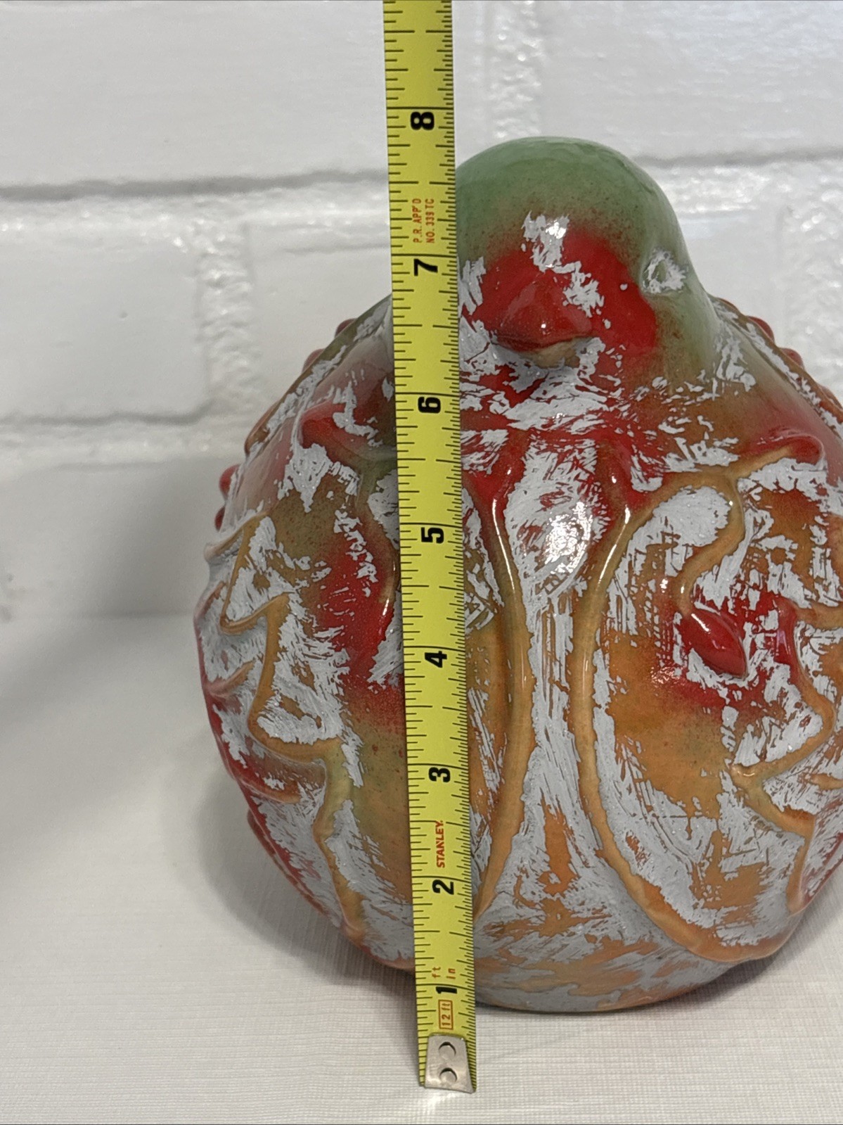 VINTAGE X-LARGE Ceramic Glazed Fat Bird Pottery Stoneware Green Red Orange Grey