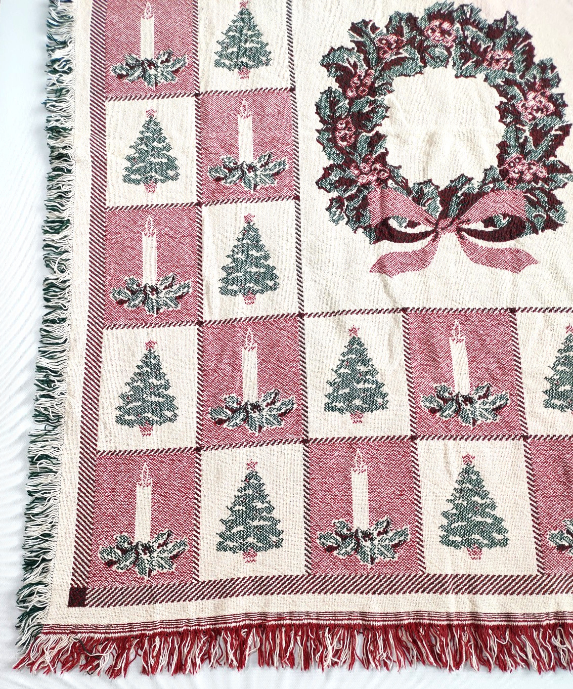 Weaved Tapestry Wreath Blanket~Trees Candles Fringed 100% Cotton~46in x 58 in