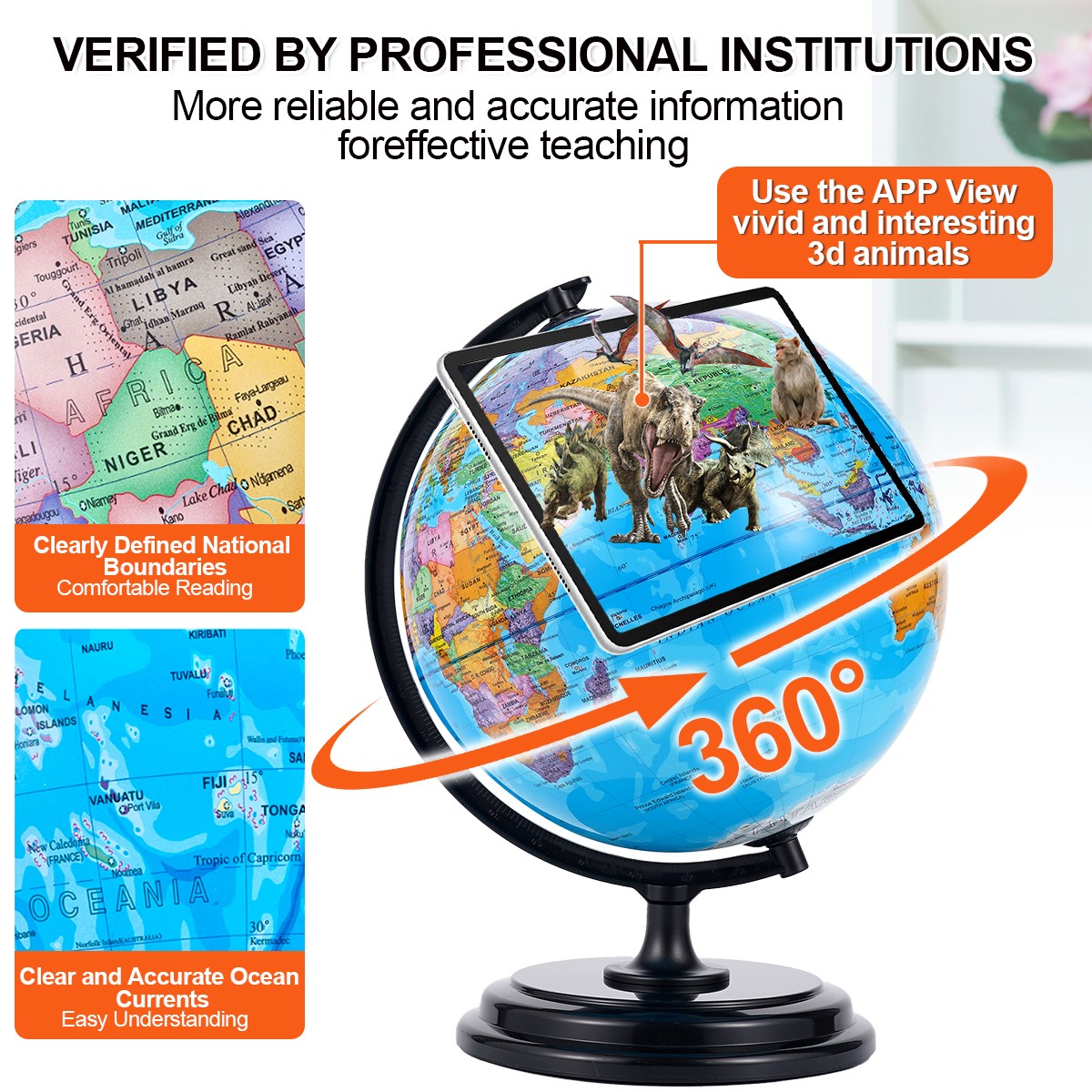 3D AR Large World Globe on Stand 10″ W/USB LED Light 360° Illuminated Night Lamp