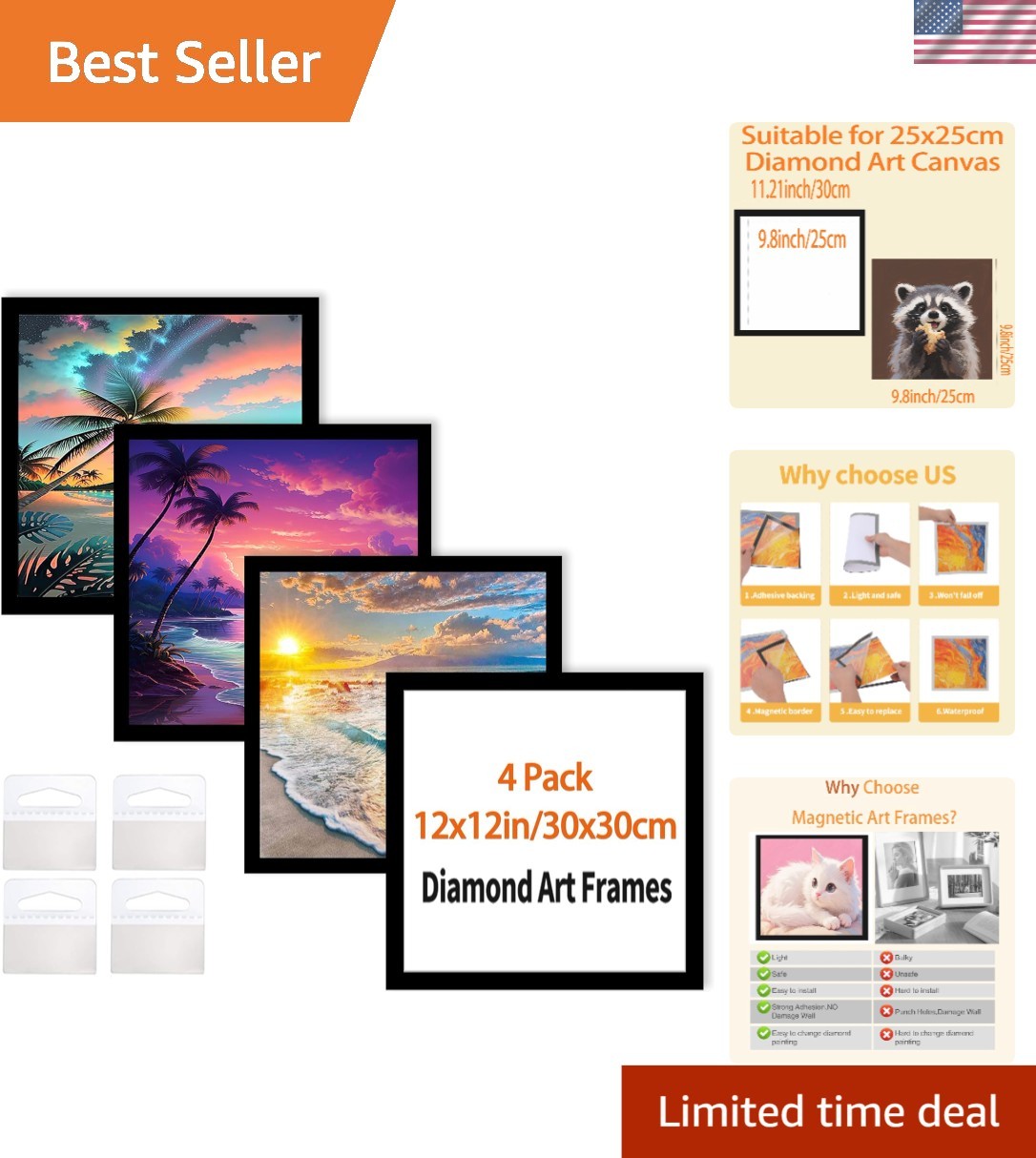 Versatile 12×12 Black Diamond Art Frames – Easy Magnetic Installation Set of 4