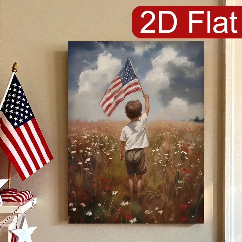 Boy Holding American Flag in Wildflower Field Canvas Wall Art, Patriotic Decor