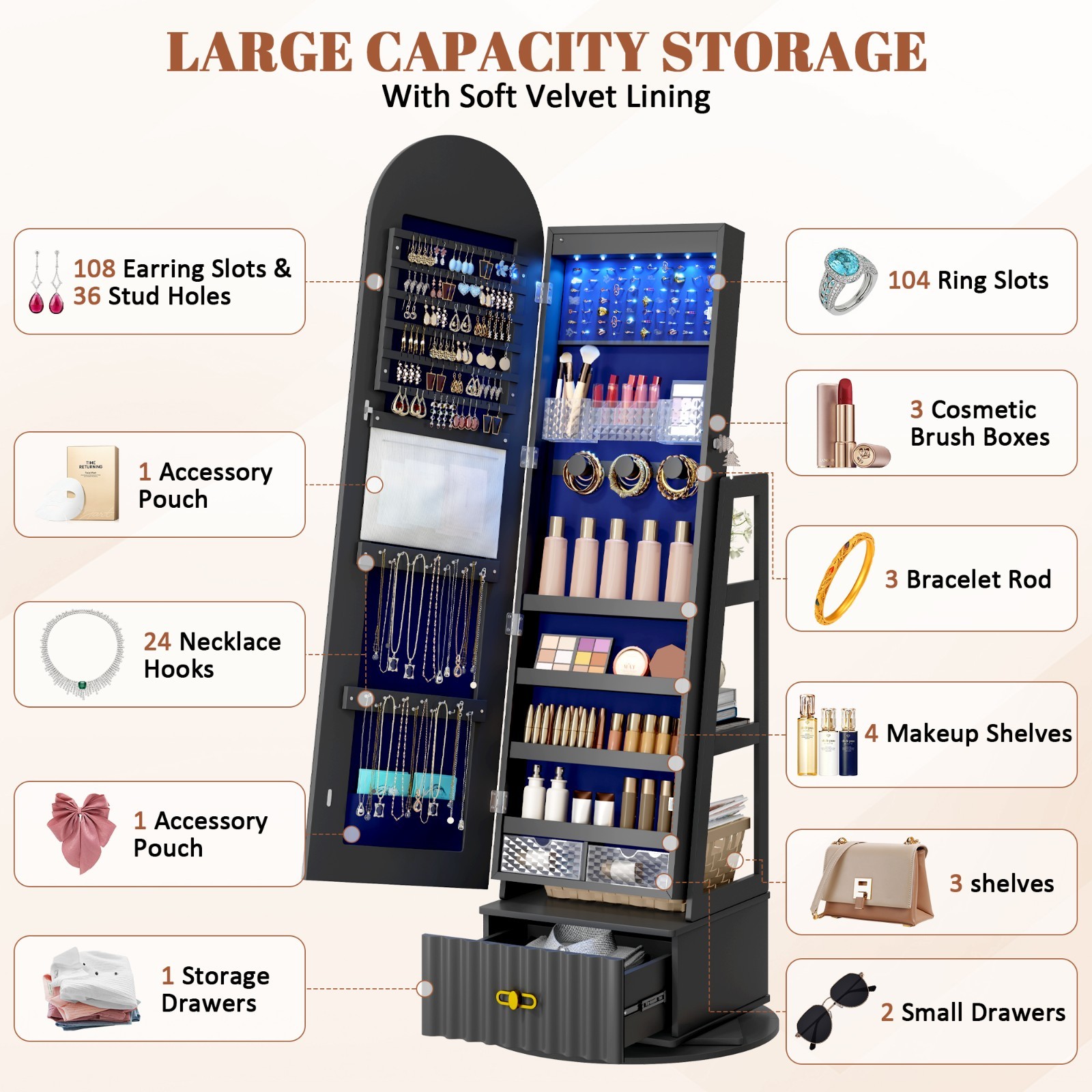 Floor Standing Jewelry Cabinet with LED Lights, 360° Rotating Jewelry Organizer