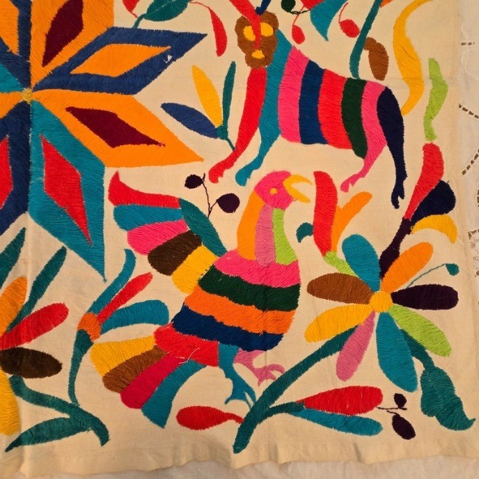 Vintage Otomi Tenango Embroidery Mexican Fold Art Textile Wall Hanging 34″x28″