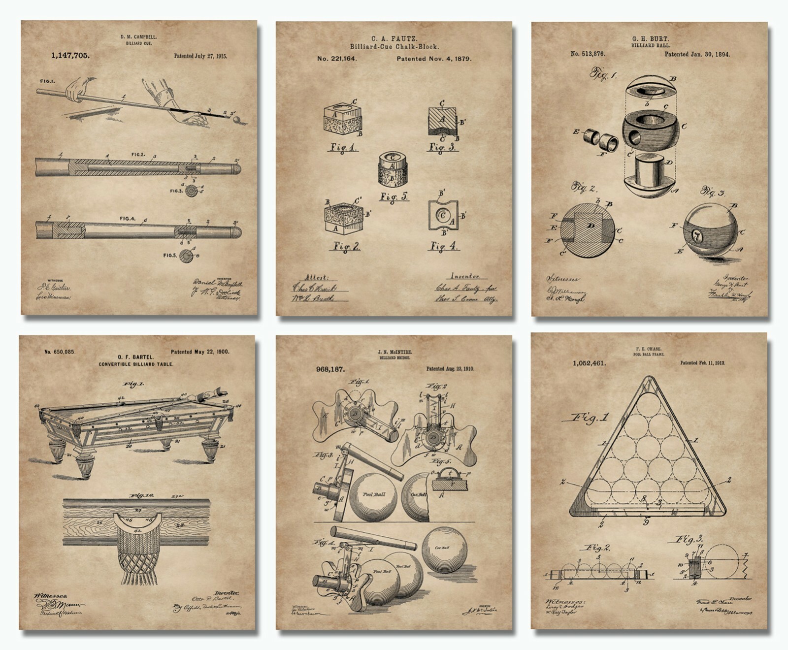 6 Billiards Patent Wall Art Prints – 8×10 in – Gifts for Pool Players Room Decor