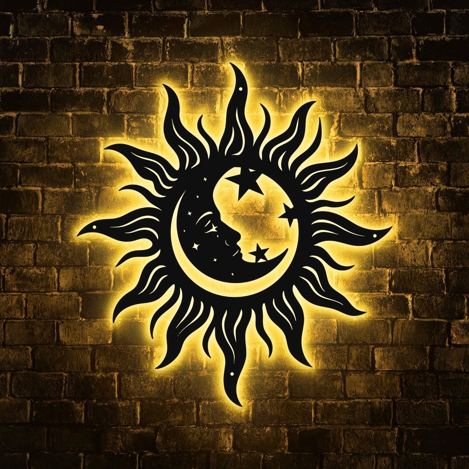 Wacky Sun Moon Stars Metal Wall Art with LED Outdoor Garden Decor