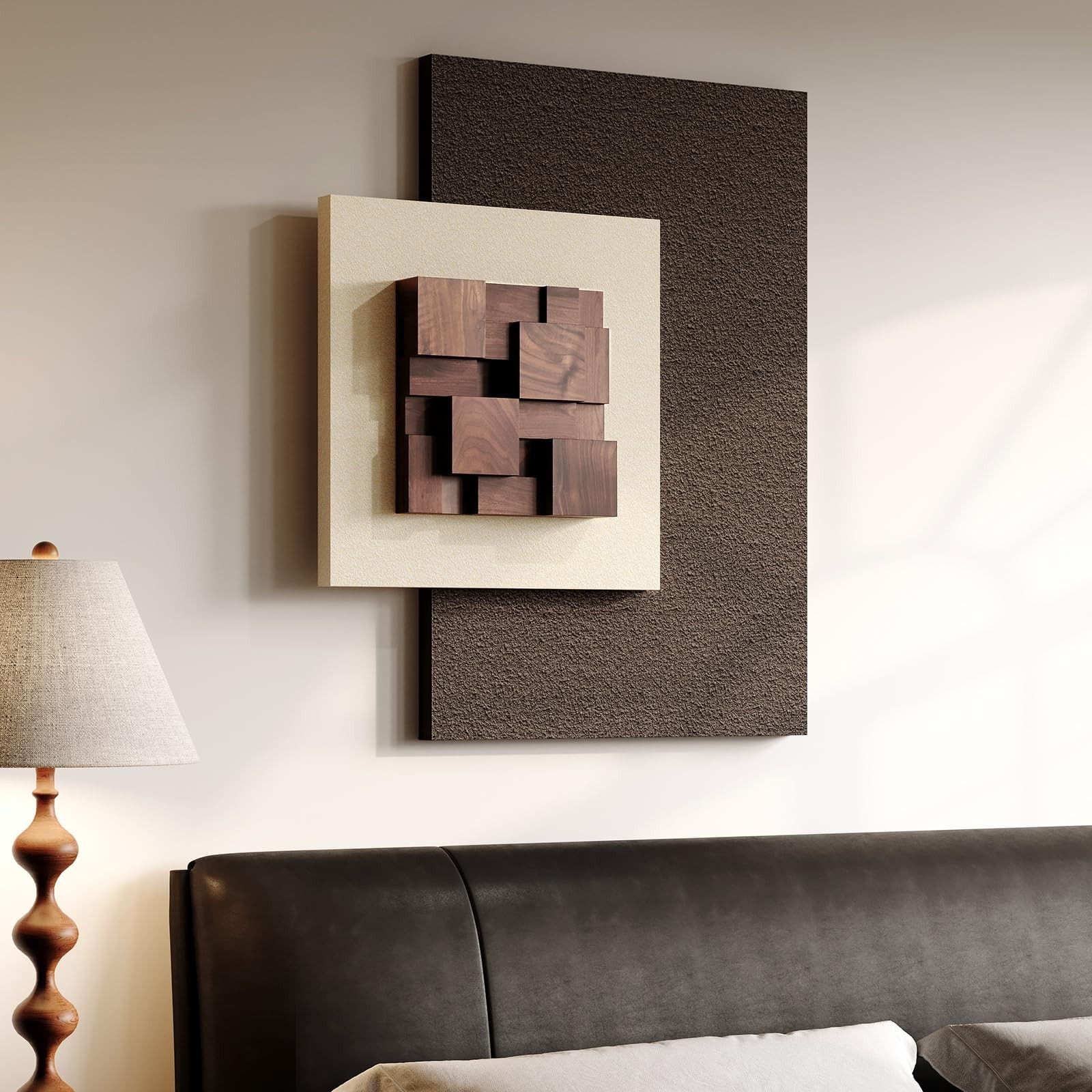 3D Wood Textured Abstract Wall Art Beige Brown Geometric Large Canvas