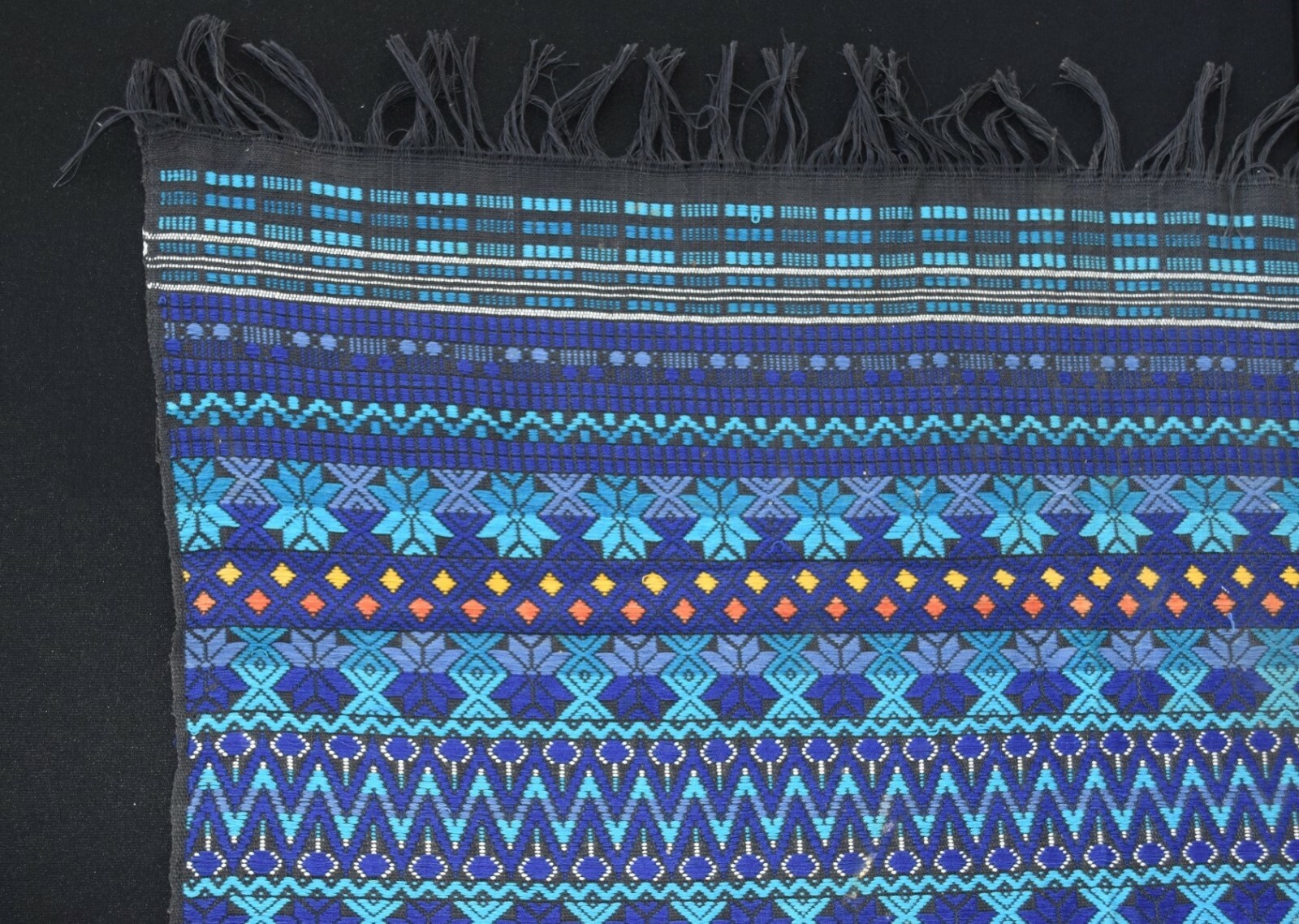 Vintage Purple Blue Embroidered Geometric Striped Fringed Wall Hanging 33 x 41