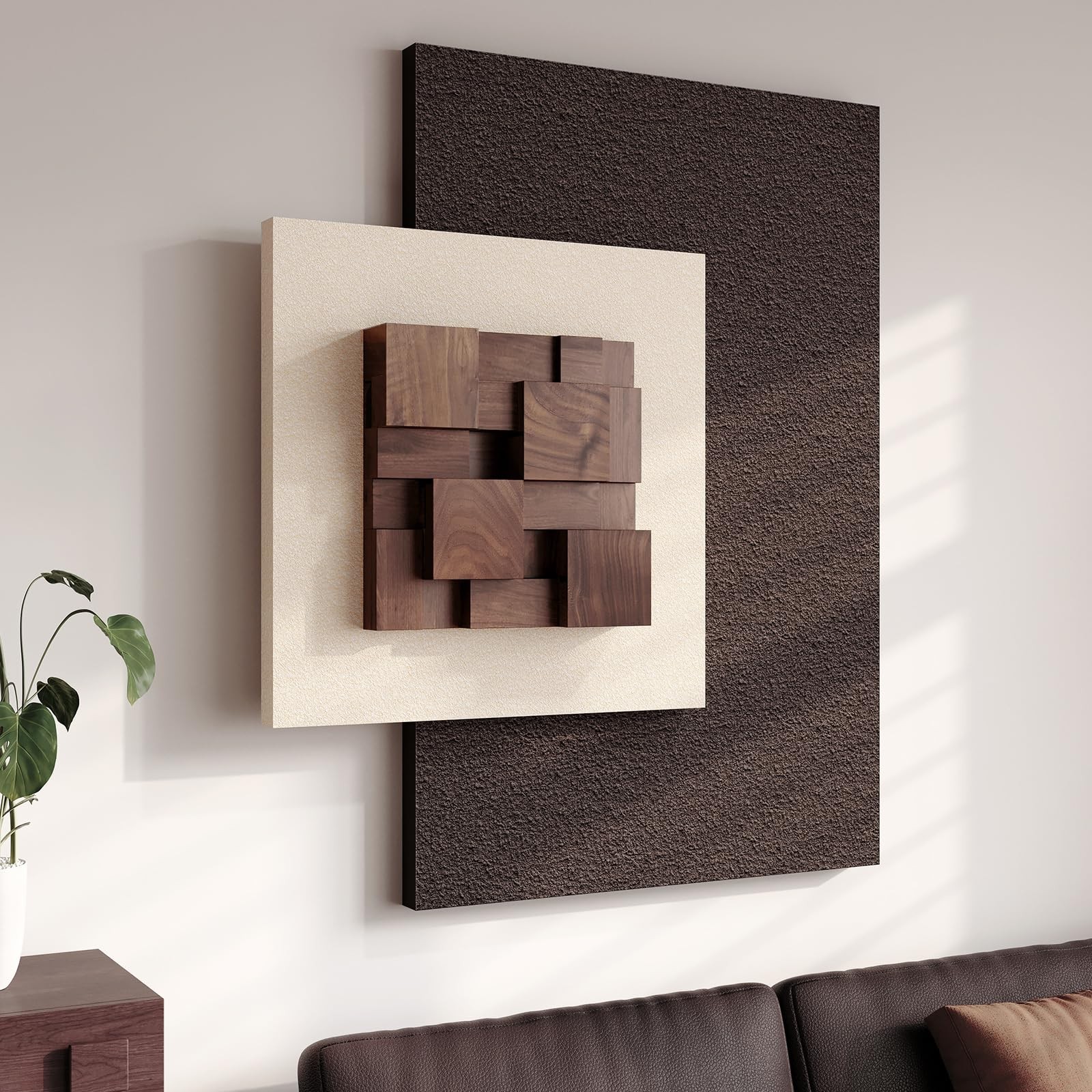 3D Wood Textured Abstract Wall Art Beige Brown Geometric Large Canvas
