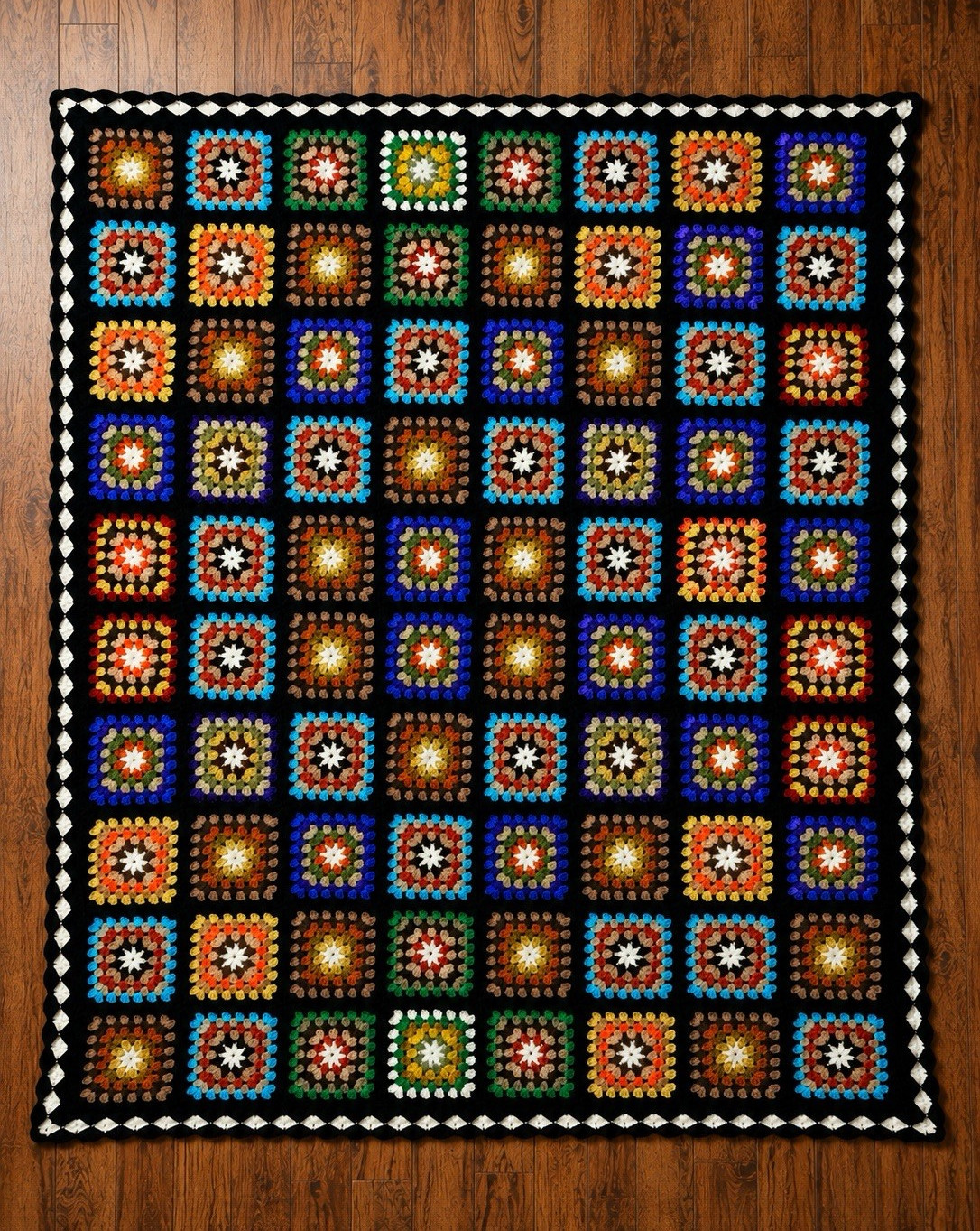 Granny Square Crochet Sofa Throw Blanket, Multicolor Retro, Bordered