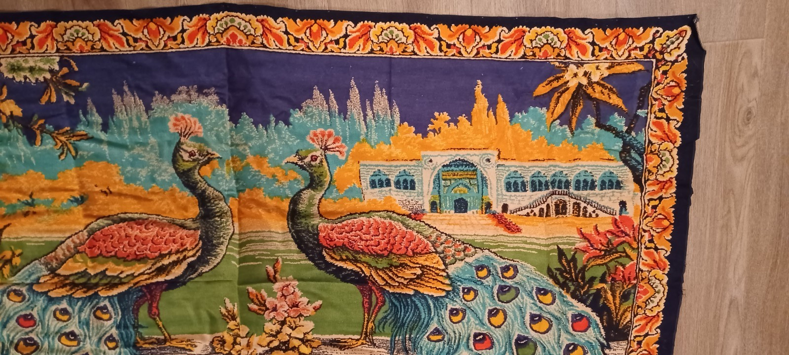 Peacock Tapestry VTG Wall Hanging Rug 37×58 Turkish Cotton Velvet Bird Art
