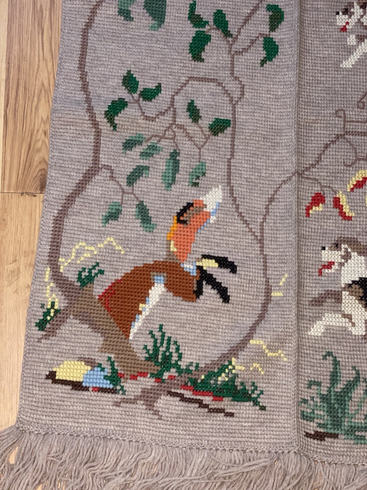 Vintage Hand Knitted and Embroidered English Hunting Scene Afghan Throw Blanket