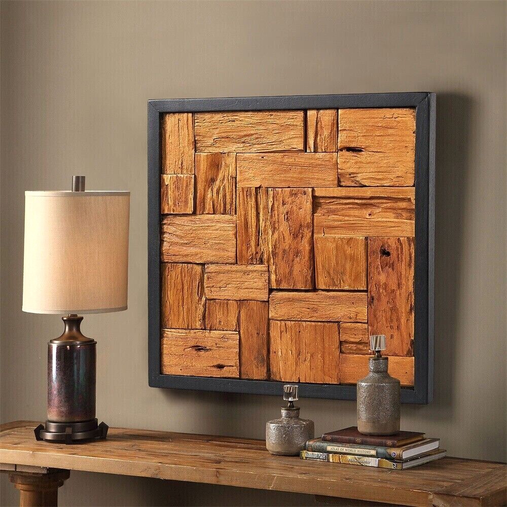 Farmhouse Slatted Collage Wall Art 17”x17” Rustic Teak Wood Decor Handmade