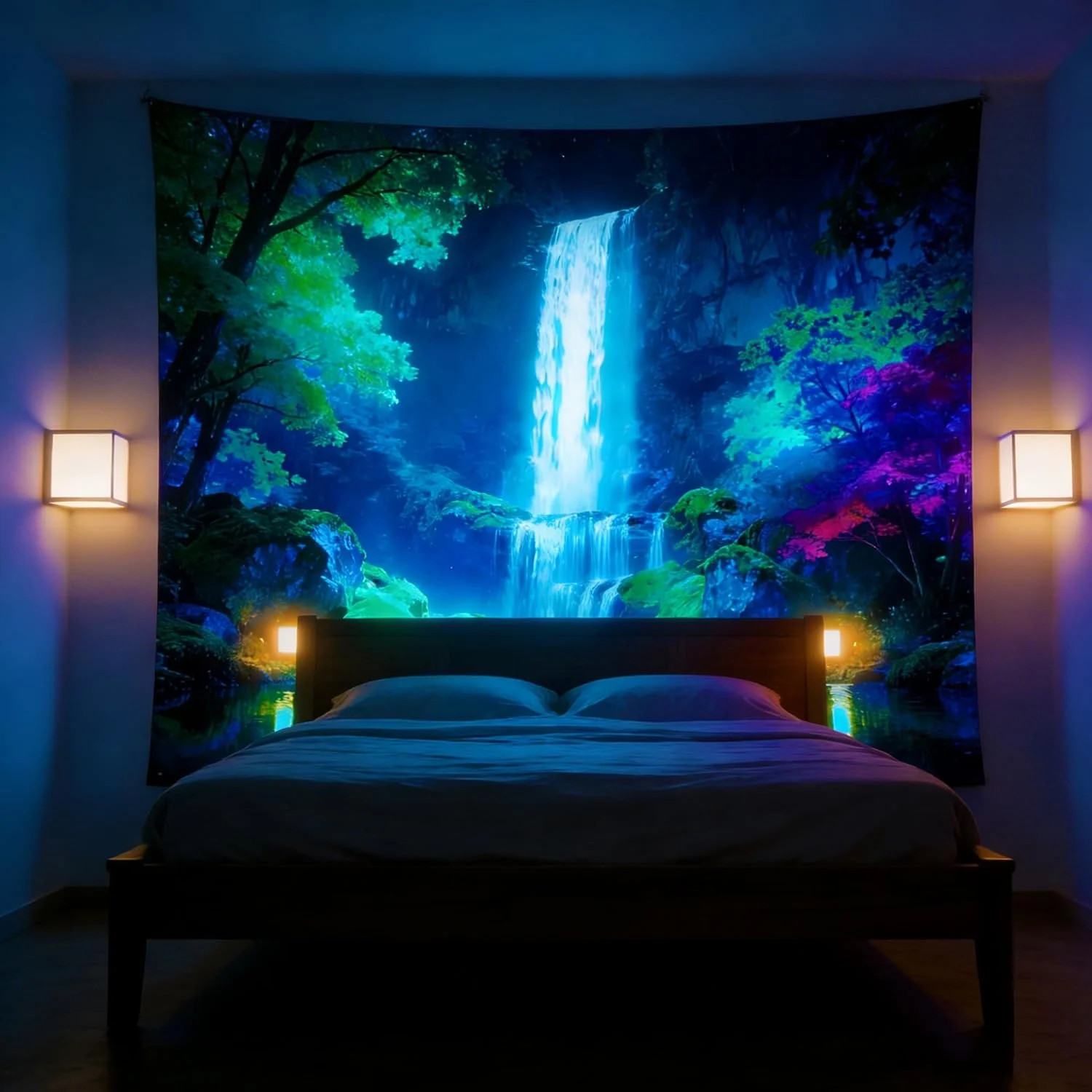 Blacklight Tapestry Waterfall 4.9×1.0ft – Glow in the Dark Neon Wall Hanging for