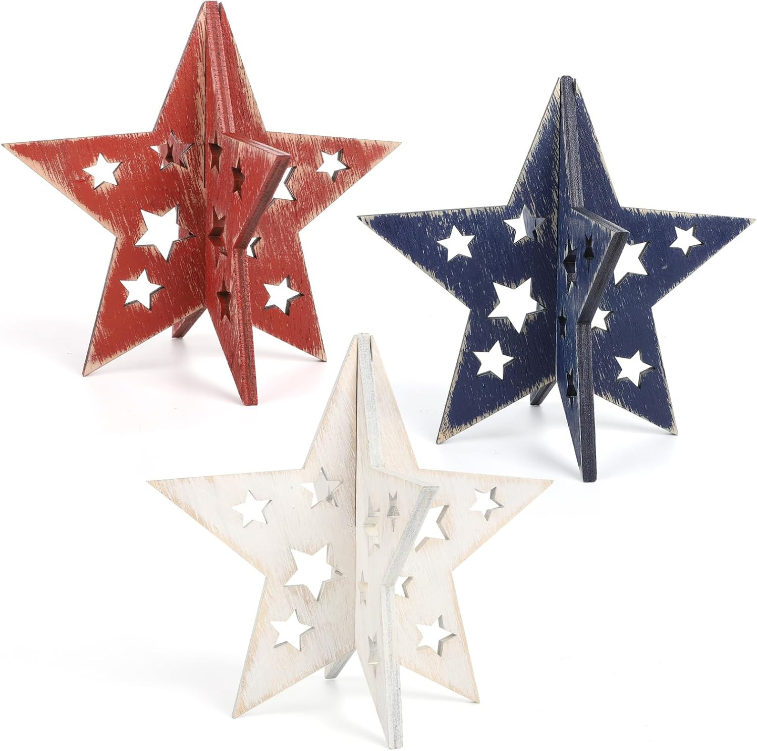 6 Inch Labor Day Decorations Wooden Stars Set, Vintage 3D Star Memorial Day Tier