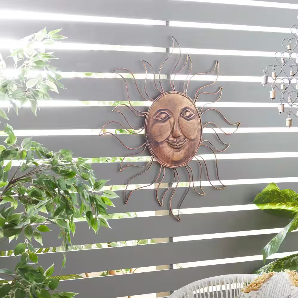 30 In. X 30 In. Metal Copper Indoor Outdoor Sun Wall Decor with Wire Frame