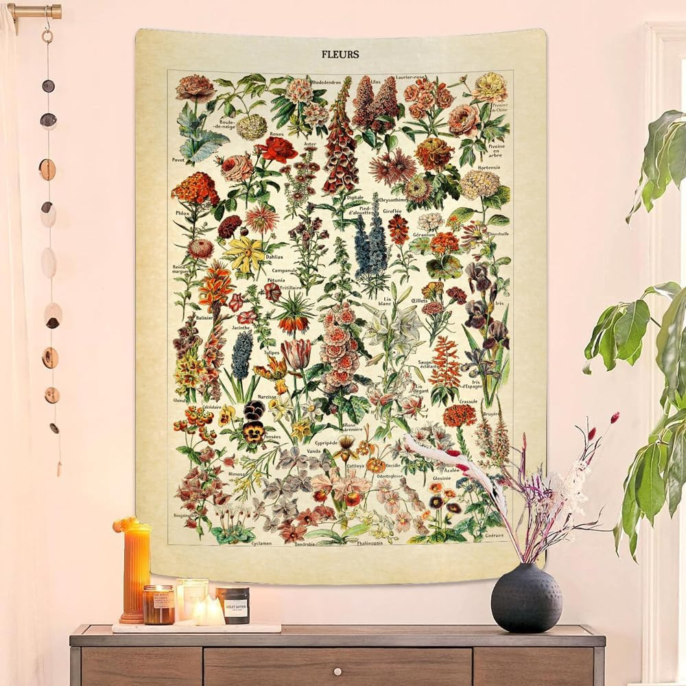 Vintage Flowers Tapestry 48”X36”, Long Vertical Wall Hanging Reference Illustrat