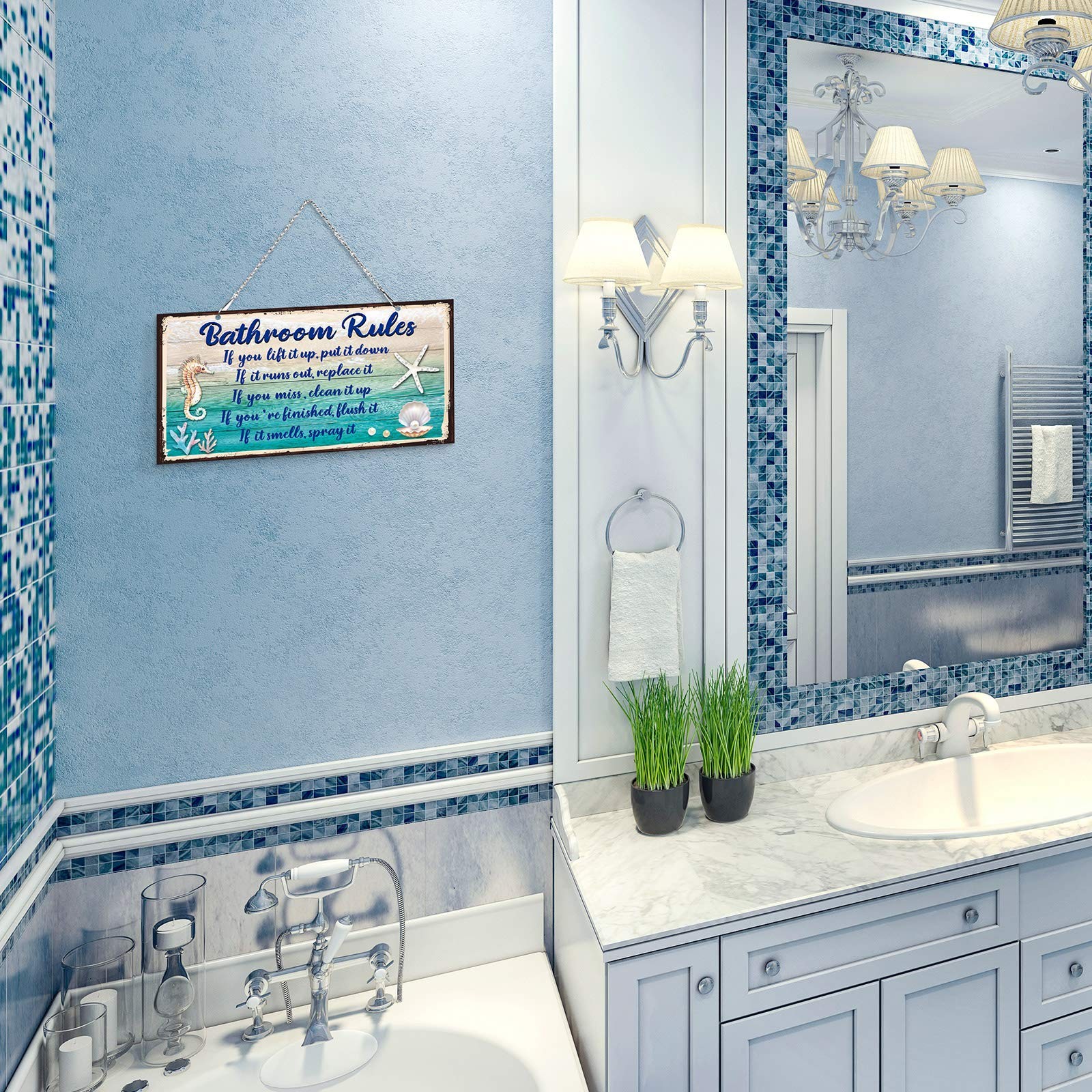 Seashell Bathroom Rules Decor Signs Wall Ocean Theme Beach Seashell Starfish …