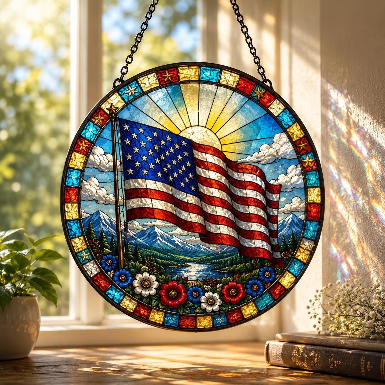 America 250th Anniversary Suncatcher – Stained Glass Style Eagle Window Hanging