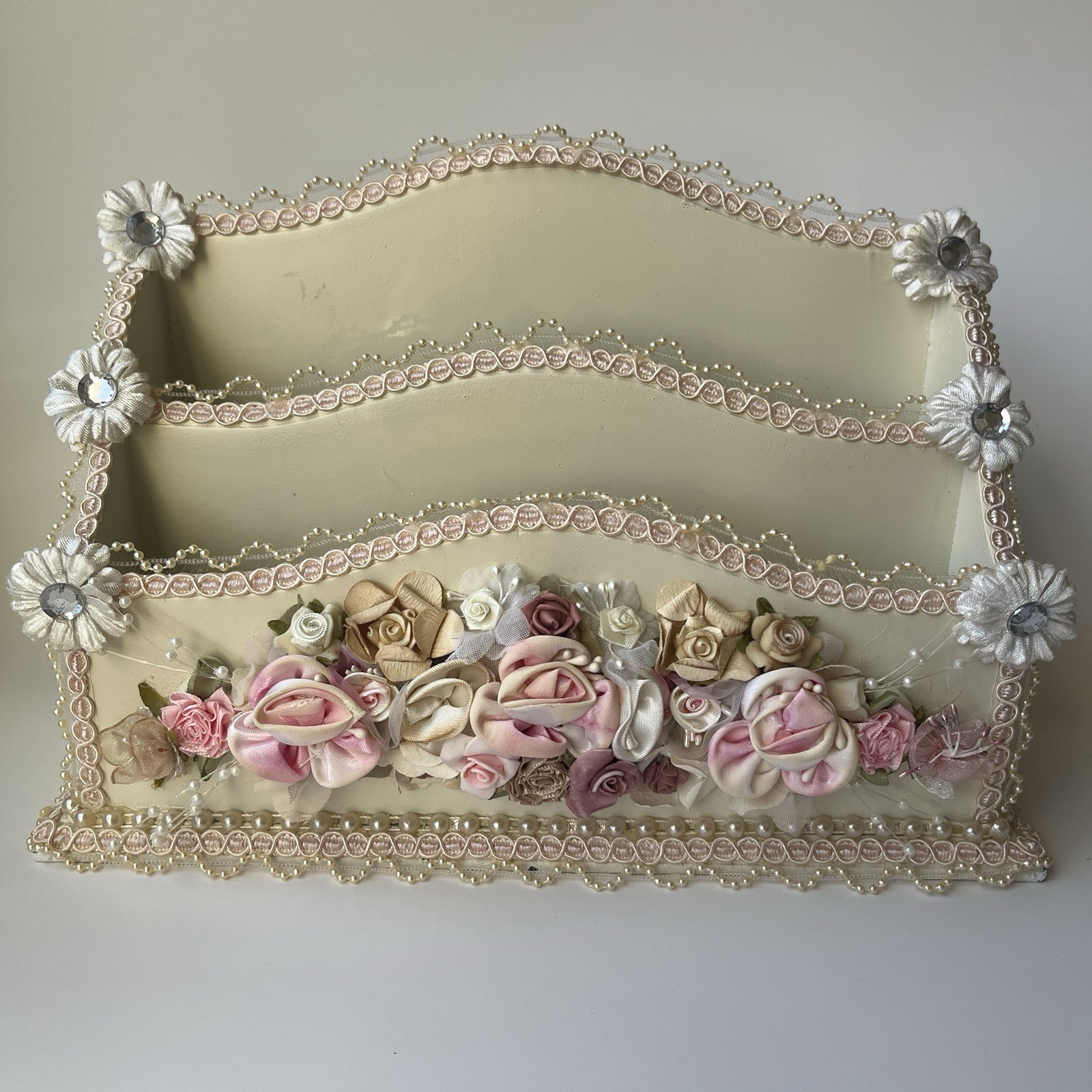Victorian Style Floral Roses Lace Letter Mail Holder Desk Organizer Cottagecore