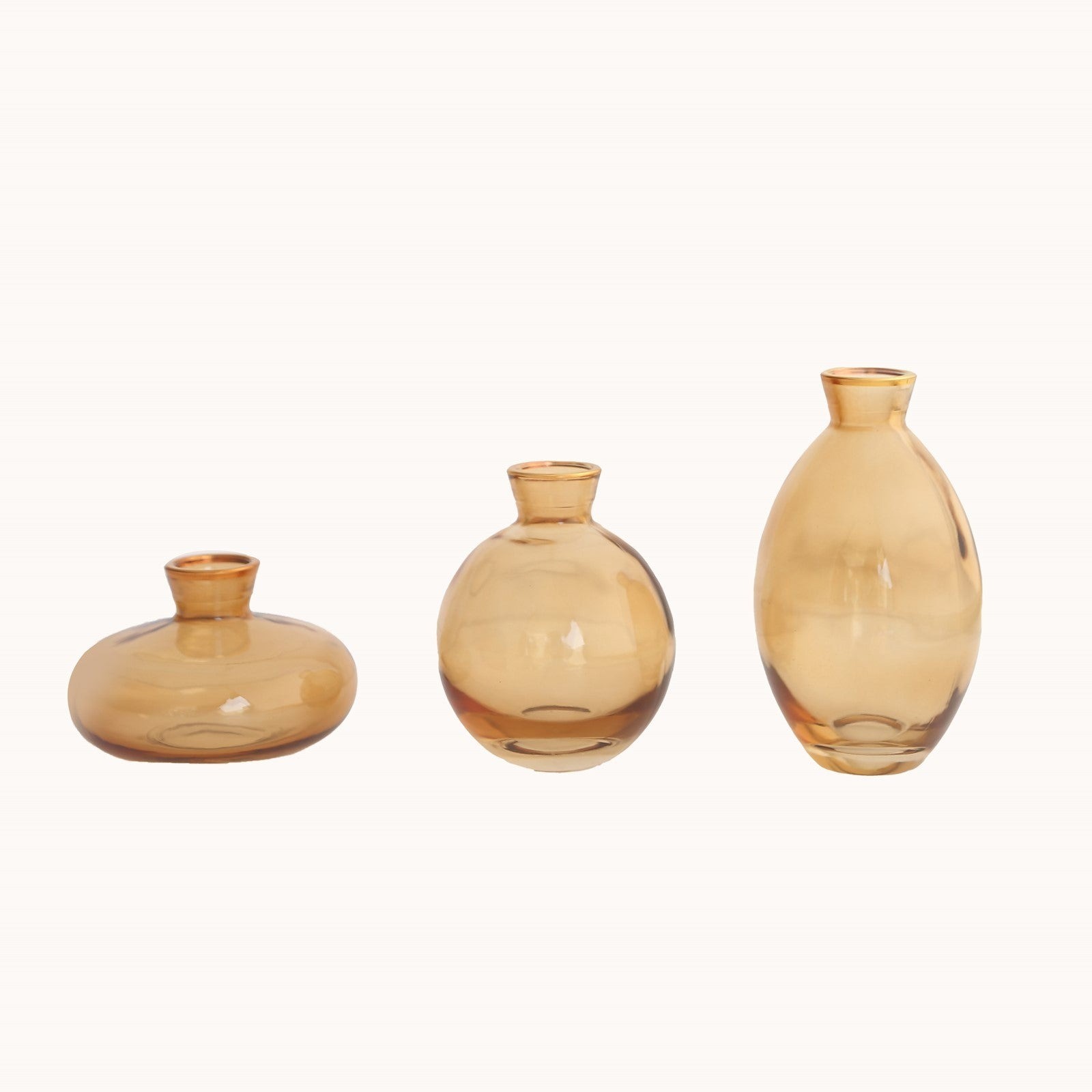 3 GOLD Small Glass Flower VASES Centerpieces Metallic GOLD Rim Party Events
