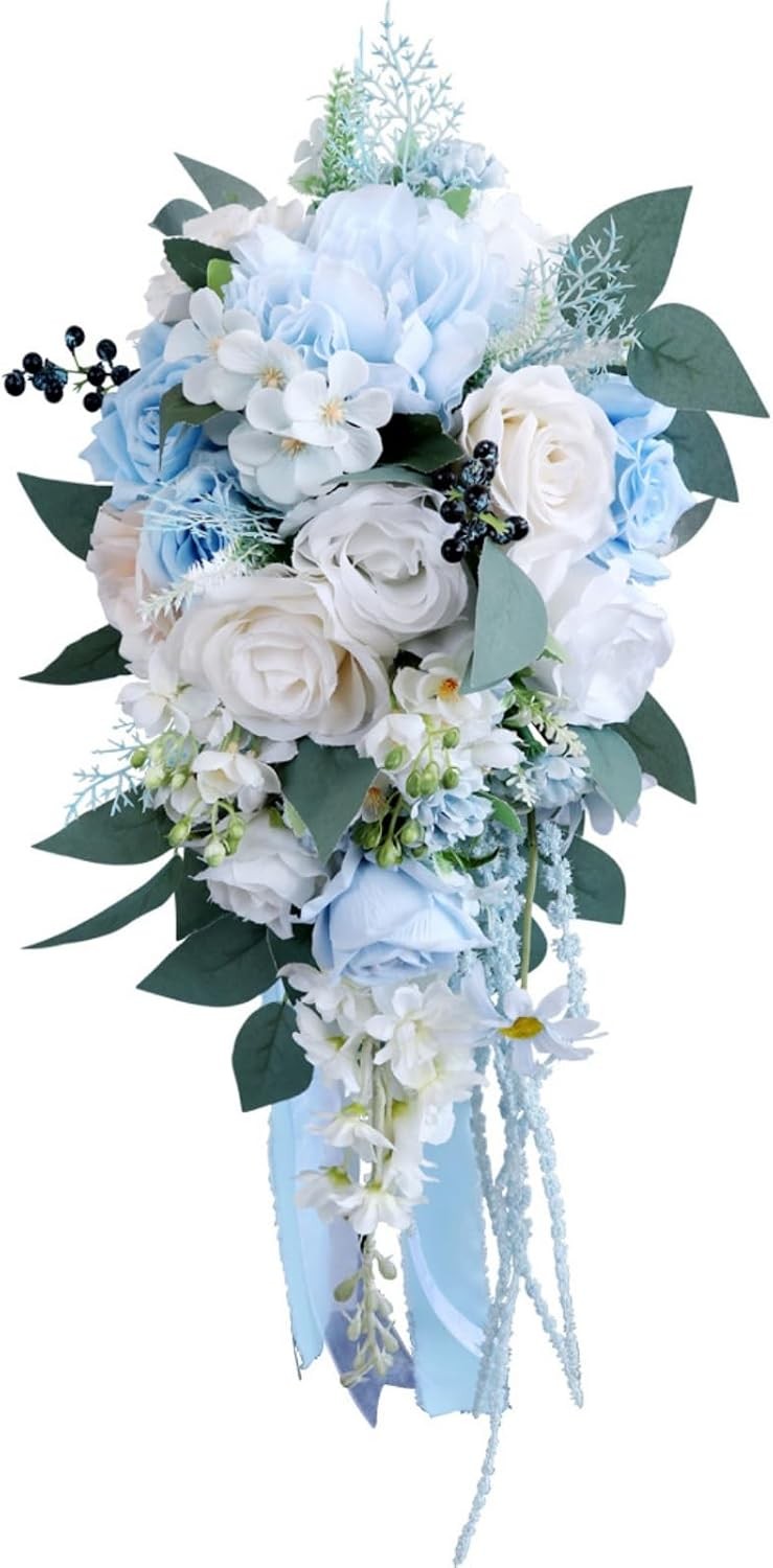 9.8 Inch Cascade Bridal Bouquet for Bride with Artificial Rose Flower Greenery