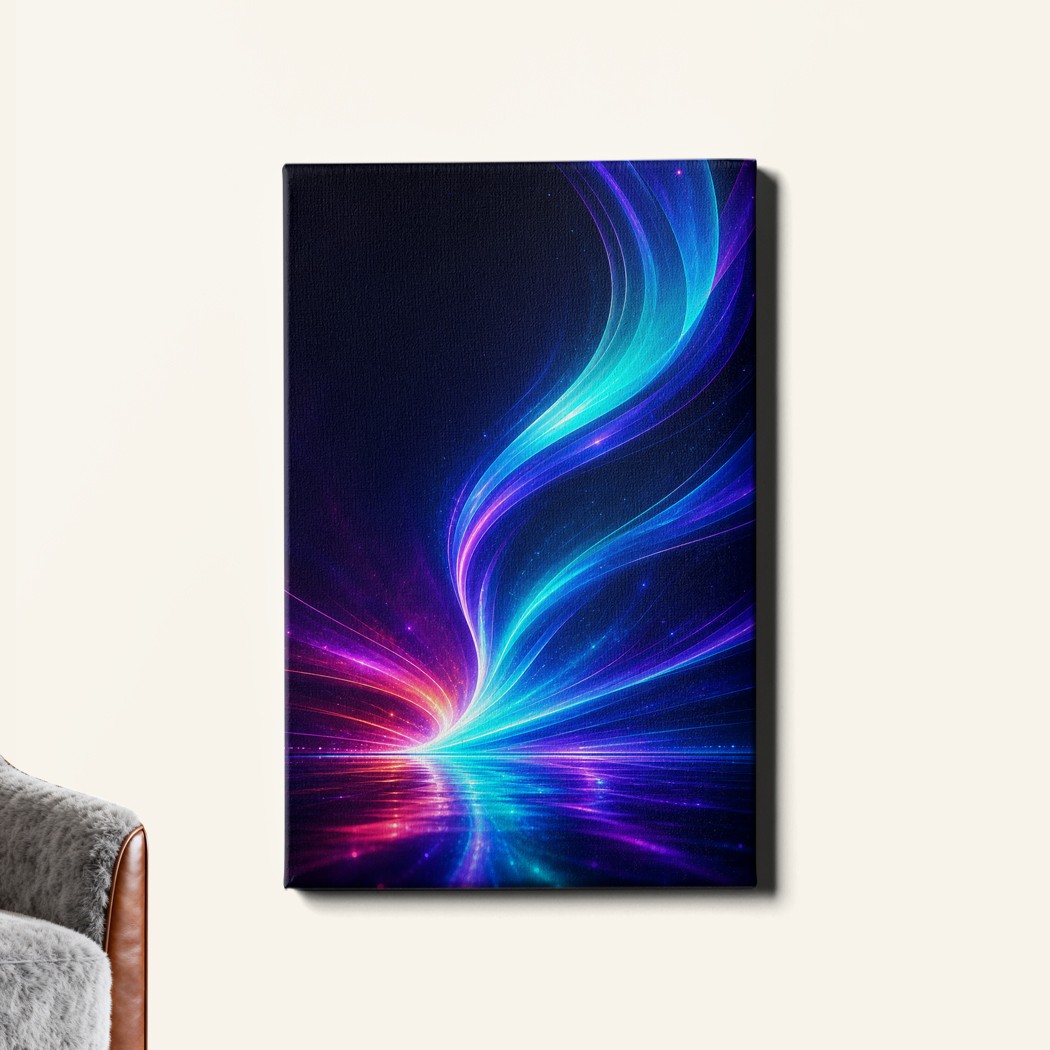 Abstract neon aurora ribbons with mirror reflection Canvas Art vibrant light