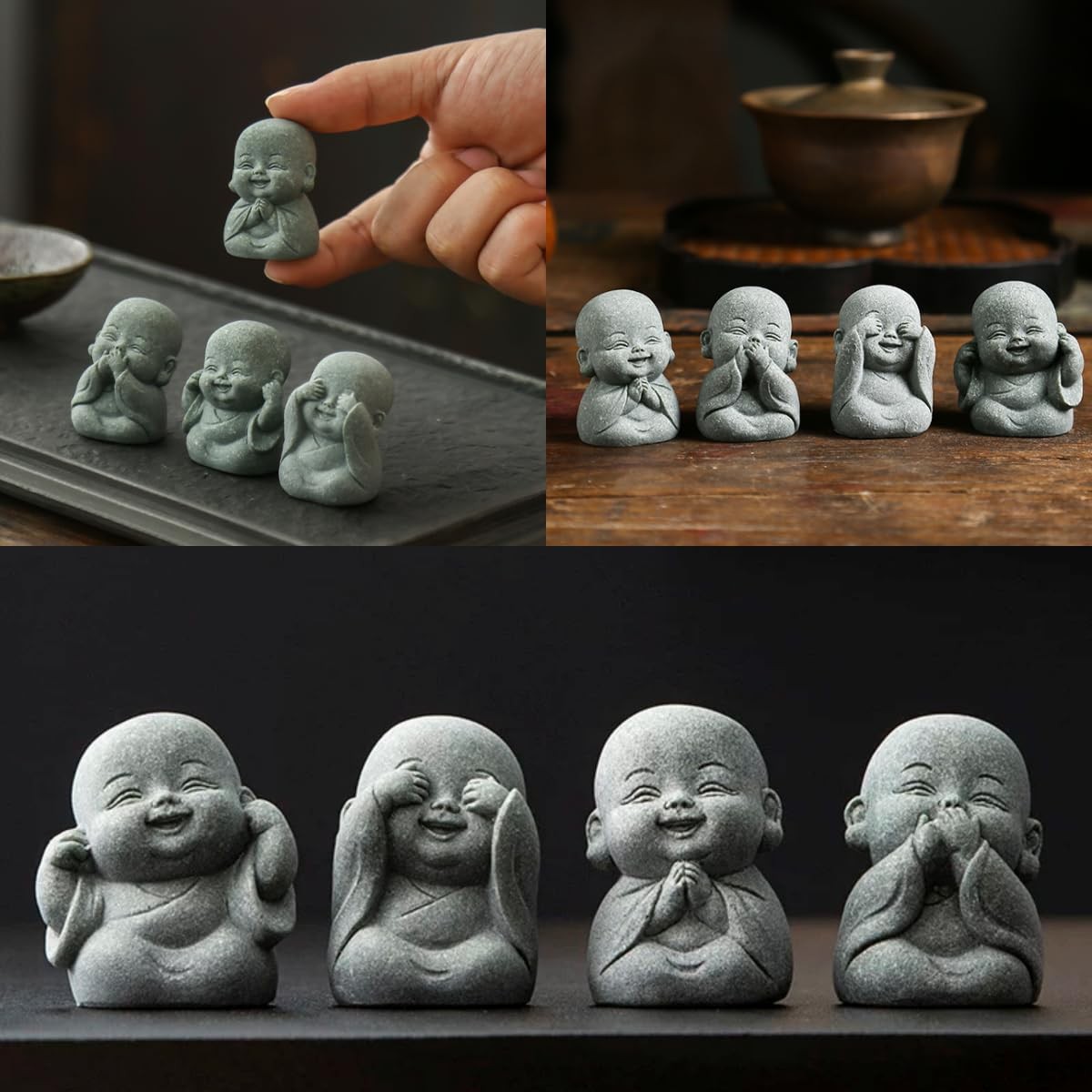 4-in-1 Laughing Buddha Statue Decor Set Small Zen Monk Sandstone Buddha Sculp…