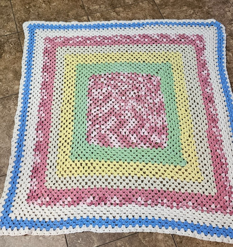 Vintage 1970s Hand Crochet Afghan Throw Blanket 62″ x 56” Yellow Blue Pink Green