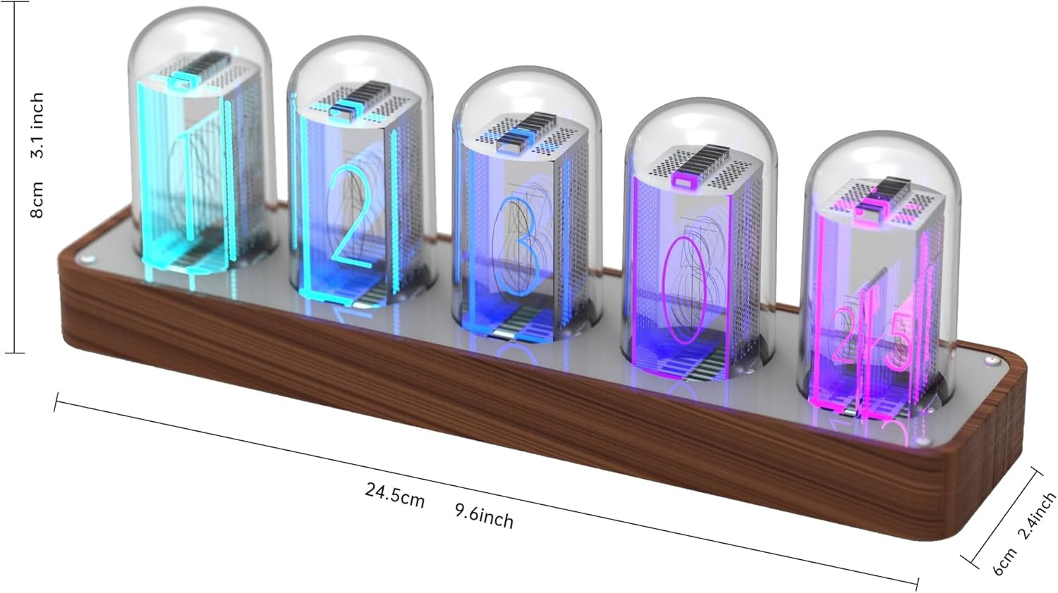 Walnut Nixie Tube Clock with Wi-Fi Sync, Alarm & Timer – Retro Gift Idea