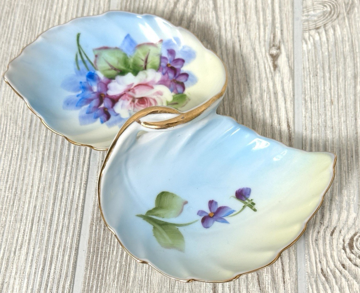 Lefton #4674 Blue Leaf Shaped Candy Trinket Dish Hand Painted Rose Flowers VTG