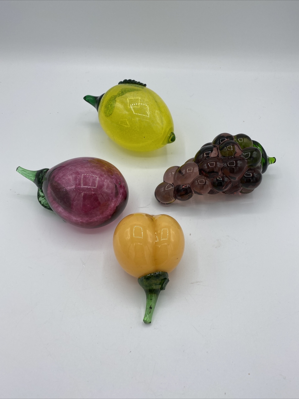 Art Glass Hand Blown Grapes Lemon Eggplant & Peach Set Of 4 See Pictures