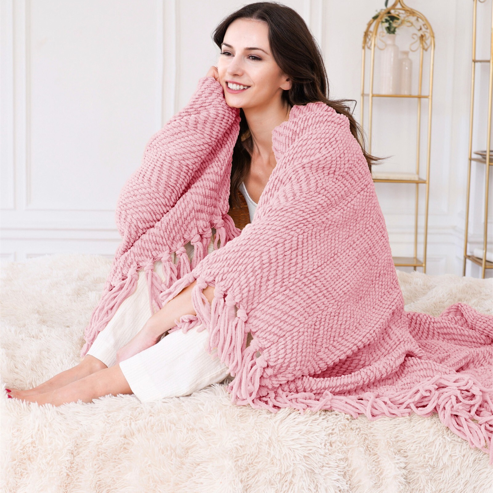 Knitted Throw Blanket with Tassels Tweed Textured Lightweight Throws for Couch
