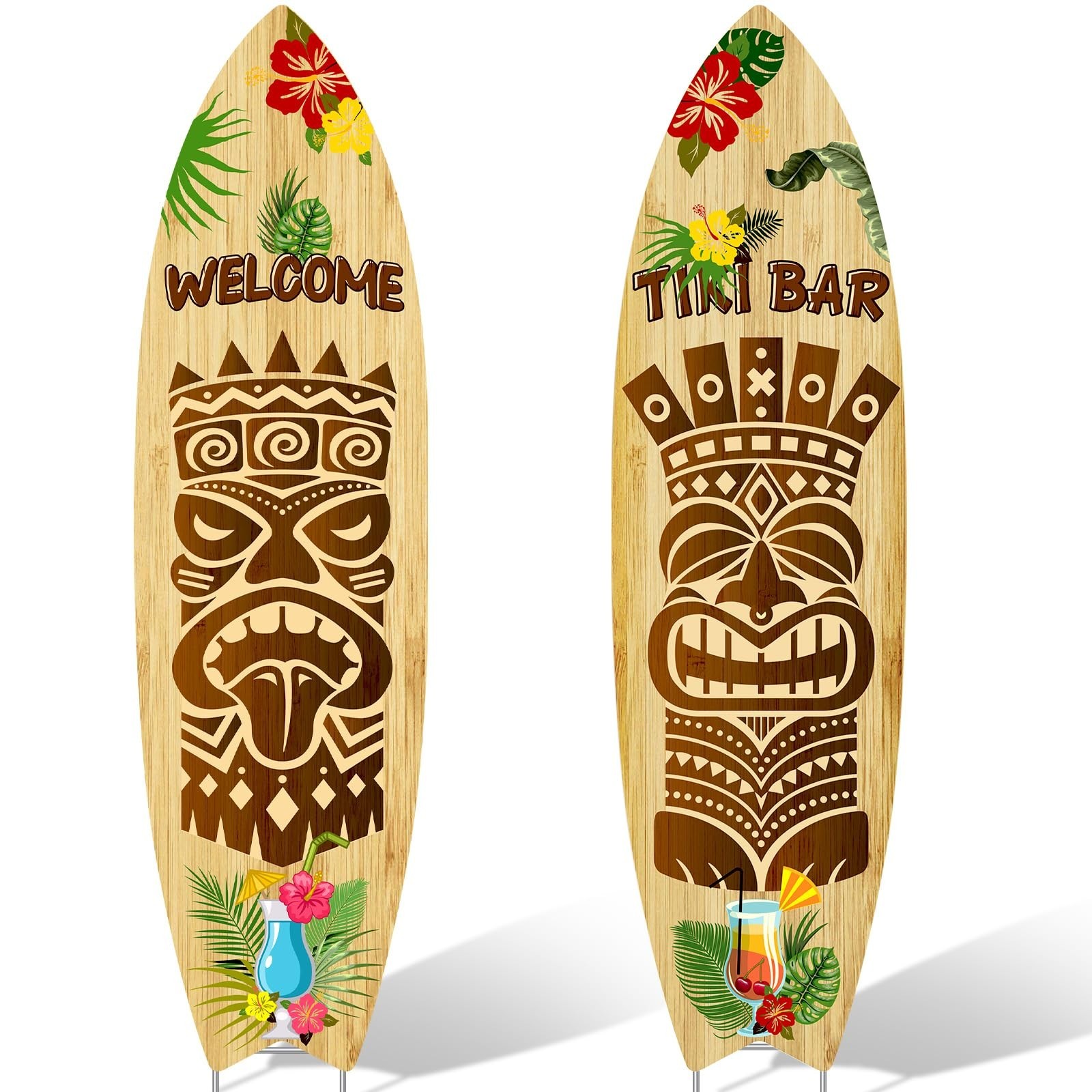 2 PCS Surfboard Yard Signs with Stakes – Tiki Bar Beach Decor for Luau Party