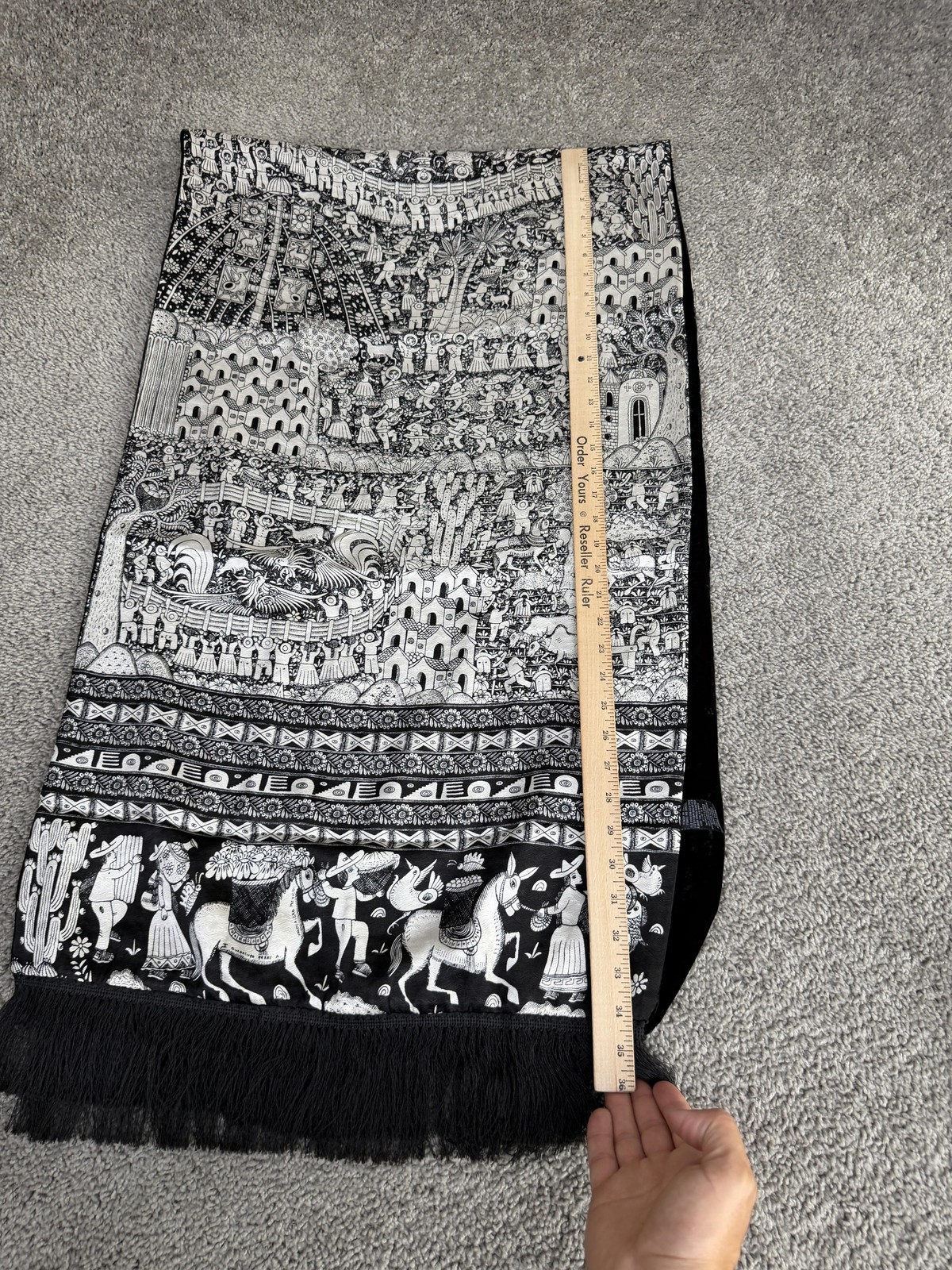 Black White Silk Wall Hanging Tapestry Ethnic Folk Art Village Scene Decor