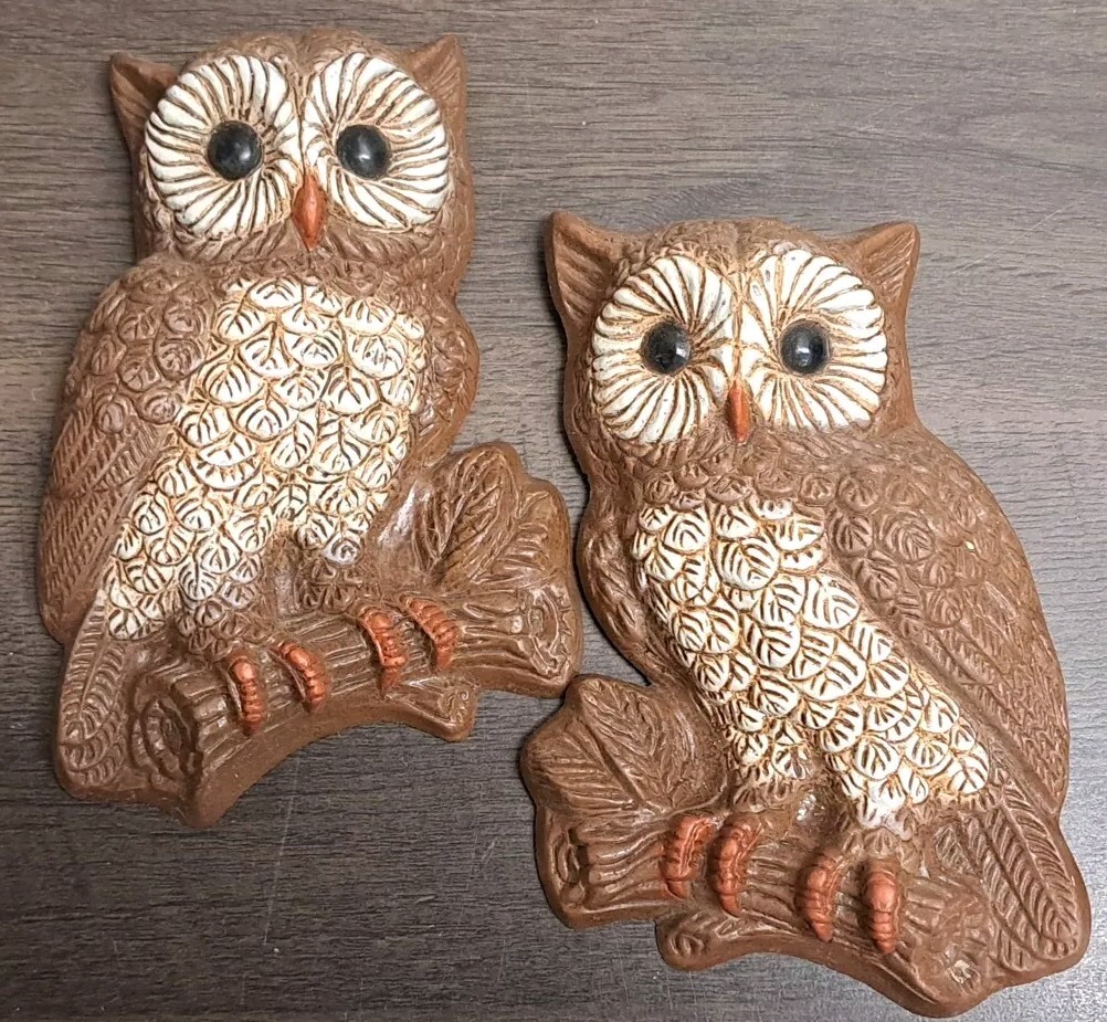 VTG Retro White Brn Owl Set Wall Plaque Foam Kitch Multi Styles Colors Listed