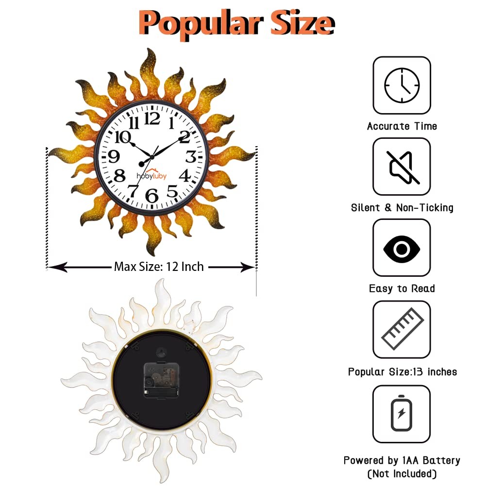 Outdoor Clock Sun Wall Clock Silent Non-Ticking Outdoor Clocks Waterproof for.
