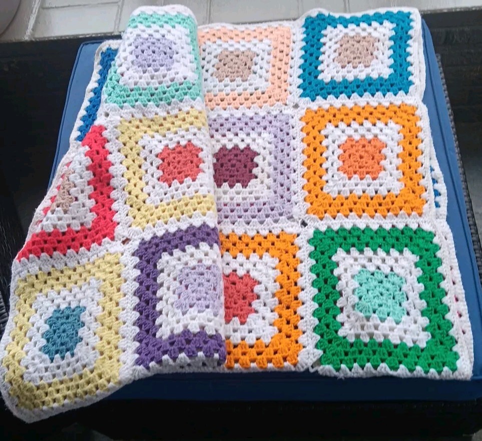 Granny Square Crochet Afghan Throw Blanket White Multi Color 62×50″ Handmade Vtg
