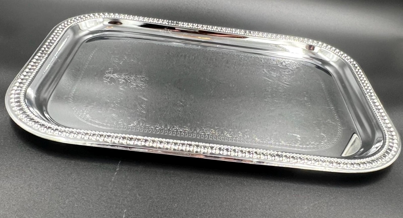 Chrome Serving Tray Large Rectangular Silver Tone Beaded Rim Decor