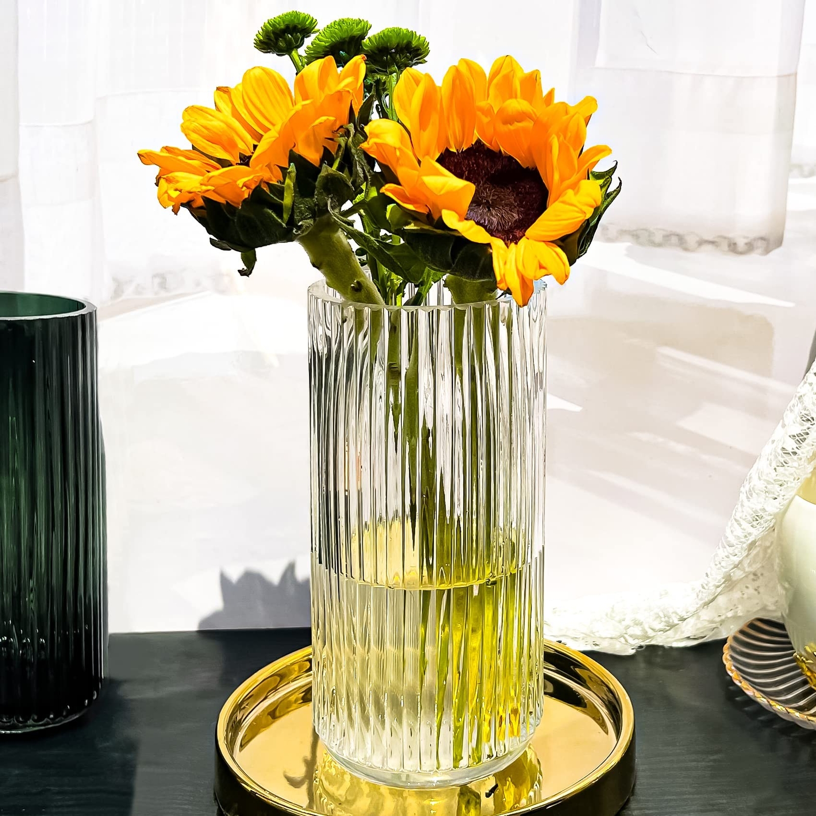 Muyan 9.8″ Flower Vase for Decor Ribbed Glass Vase Modern for Centerpieces De…
