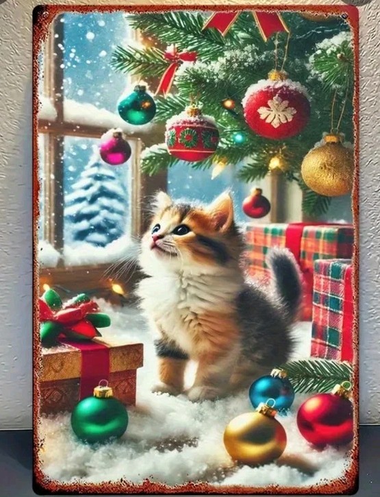 Vintage Christmas Kitten Gifts Metal Tin Sign Rustic Wall Art Decor 8×12 Inch