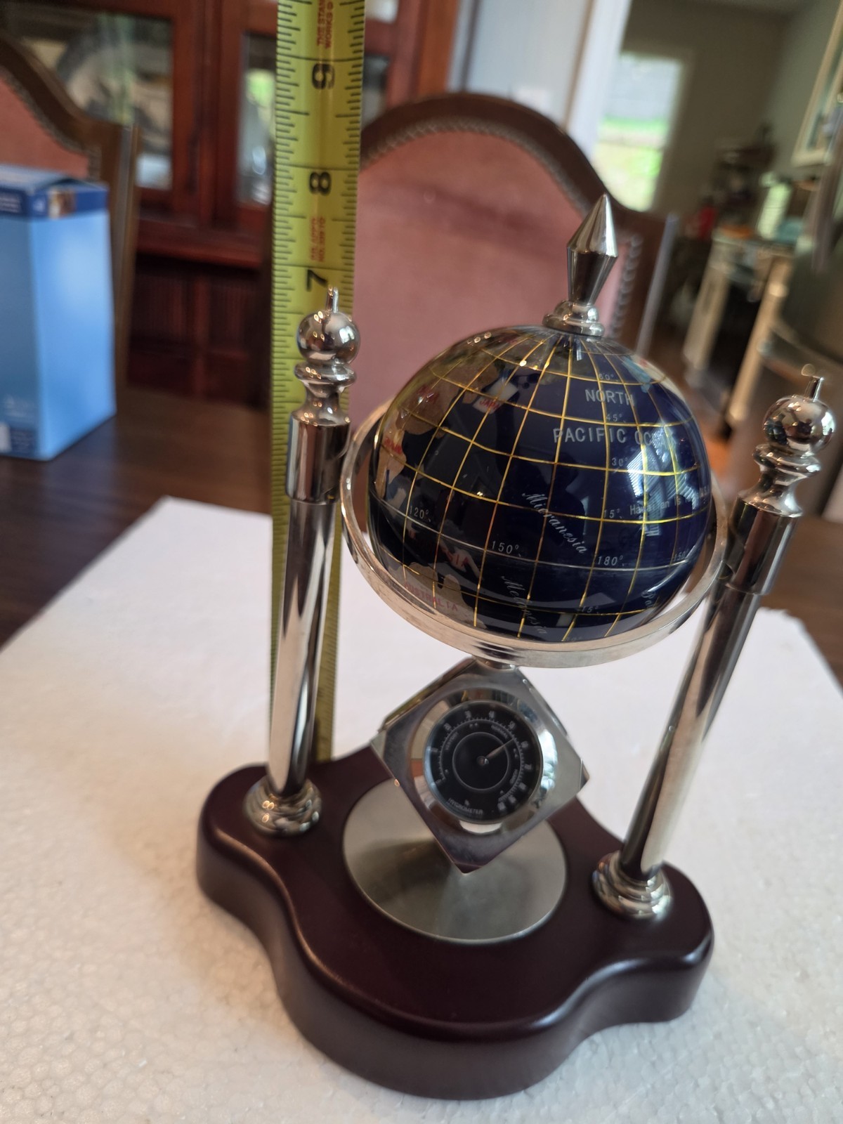 Rotating Tabletop Globe Blue Lapis Metal & Wood Base 8″ H x 7″ W Freestanding