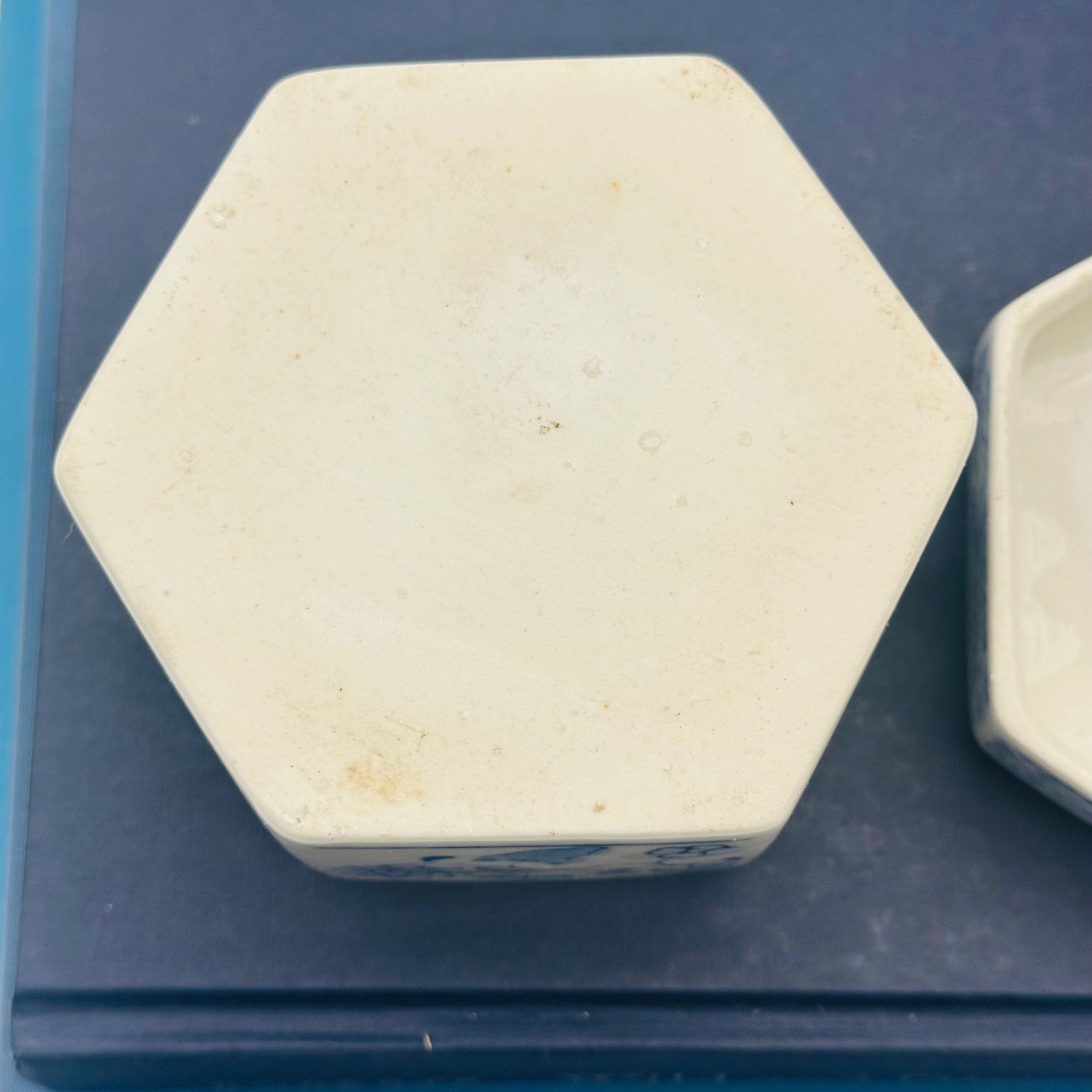 Blue and White Porcelain Hexagon Floral Trinket Box Chinoiserie Decor